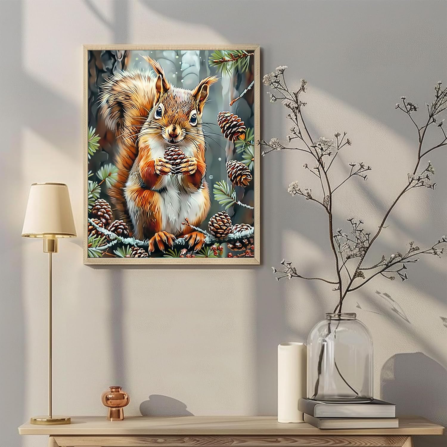 Squirrel Eating Pine Cone Paint by Number Kits 16 x 20 inch Canvas Autumn Decor DIY Painting for Adults Beginners Fall Decor Paint by Numbers With Brushes Acrylic Pigment for Home Decor(With Frame)