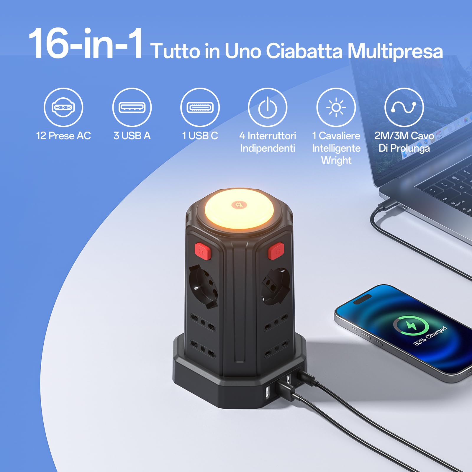 3 m Steckdosenleiste mit Nachtlicht 12 Universalsteckdosen 10/16 A ITA und Schuko und 3 USB A + 1 USB C Überspannungsschutz mit 4 unabhängigen Schaltern für Büro, Zuhause
