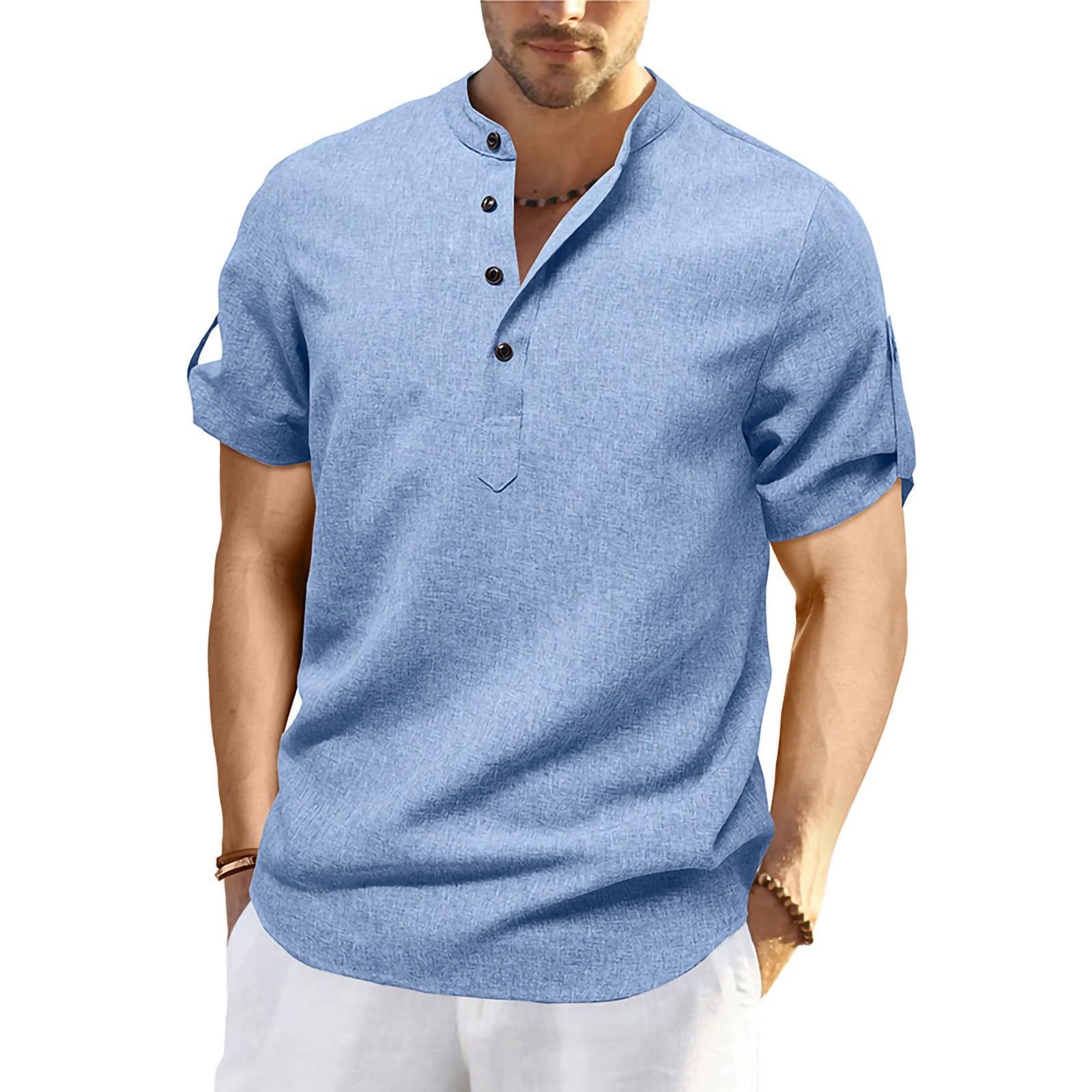 Henley Shirt Herren Kurzarm Tshirt Business Einfarbige T-Shirt Arbeit Button Kurzarmshirt Mit Stehkragen Herren-T-Shirt Freizeit Atmungsaktive Sommershirt Leicht Und Luftig Hellblau S