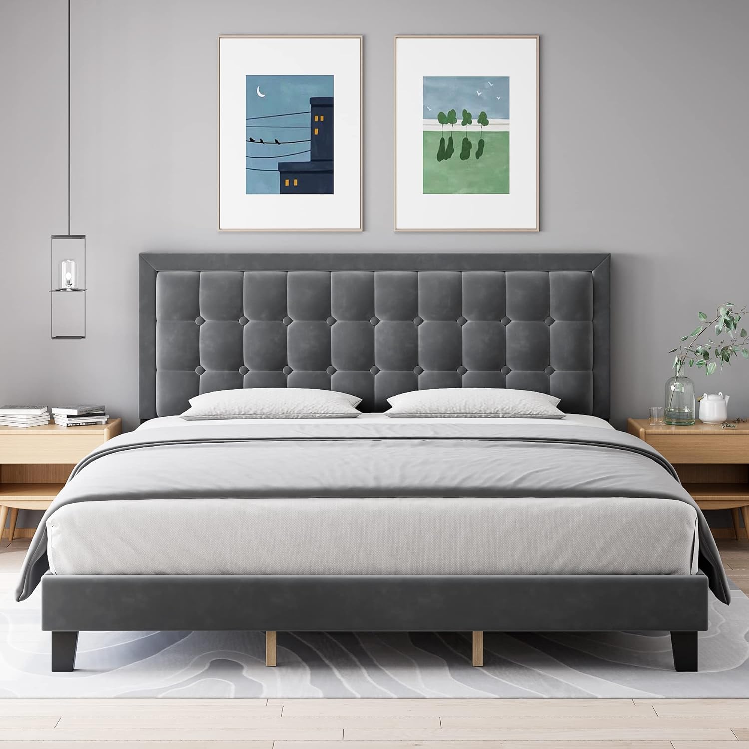Queen Size Bed Frame with Adjustable Headboard, Linen Upholstered Bed Frame with Solid Wooden Slats Support, Heavy Duty Platform Bed Queen Size, No Box Spring Needed, Noise-Free, Dark Grey