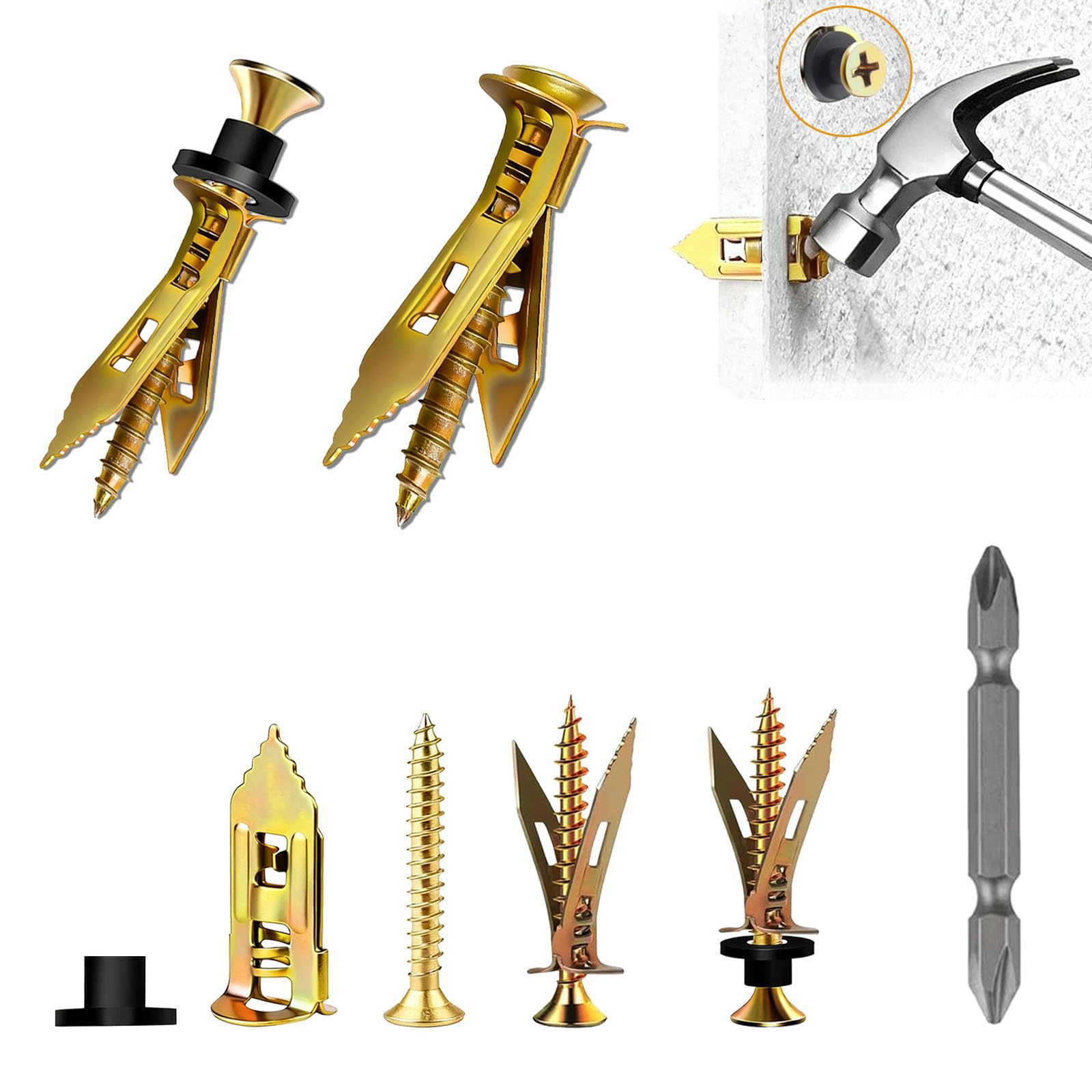 OywhC 151Pcs Self Drilling Drywall Anchors Kit, 50 Sheetrock Anchors, 50 Screws(M4 X 30MM), 50 Washers & 1 Phillips Bit, No Drill Needed for Wall Decoration, Fixing & Hanging