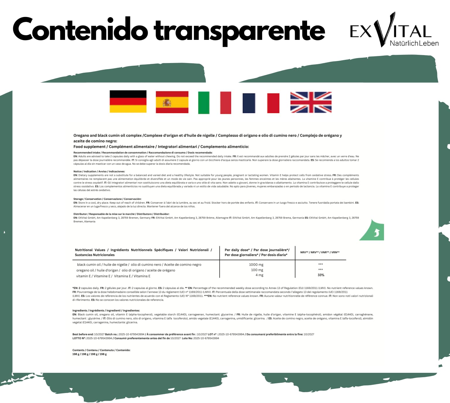EXVital® Complejo de Aceite de Orégano y Comino Negro, 180 cápsulas veganas, 100 mg de aceite de orégano y 1000 mg de aceite de comino negro al día, 80% de carvacrol, alta dosis y sin aditivos