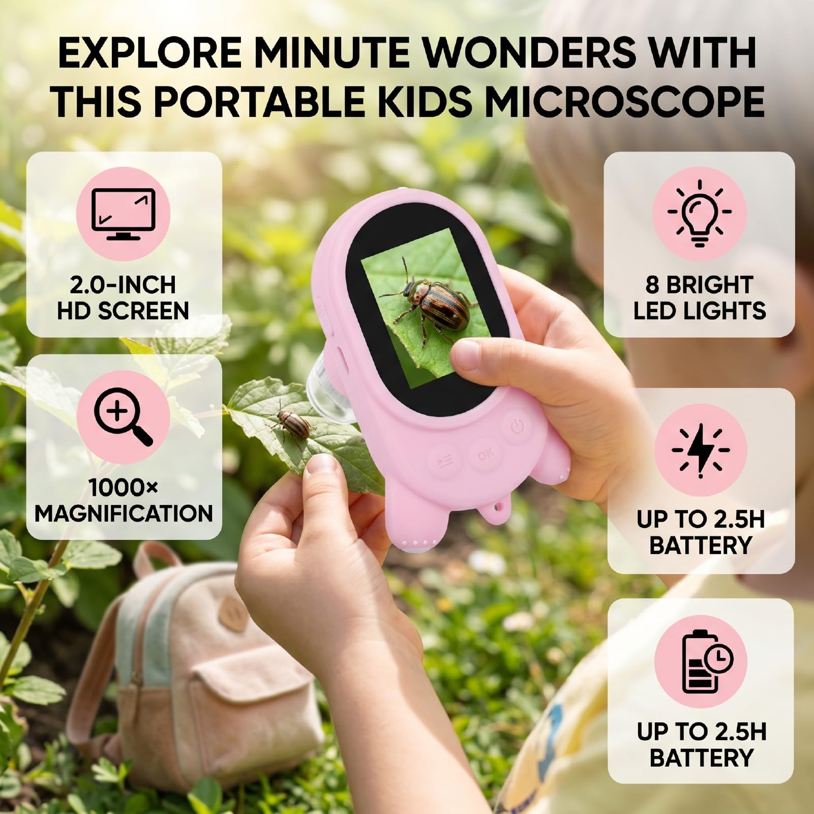 Naroote Microscopio Portatile, Microscopio Digitale con Schermo HD da 2.0 Pollici, Ingrandimento 1000x, 8 Luci LED, 3 Livelli di Luminosità Regolabili, per la Scuola all'Aperto (PINK)