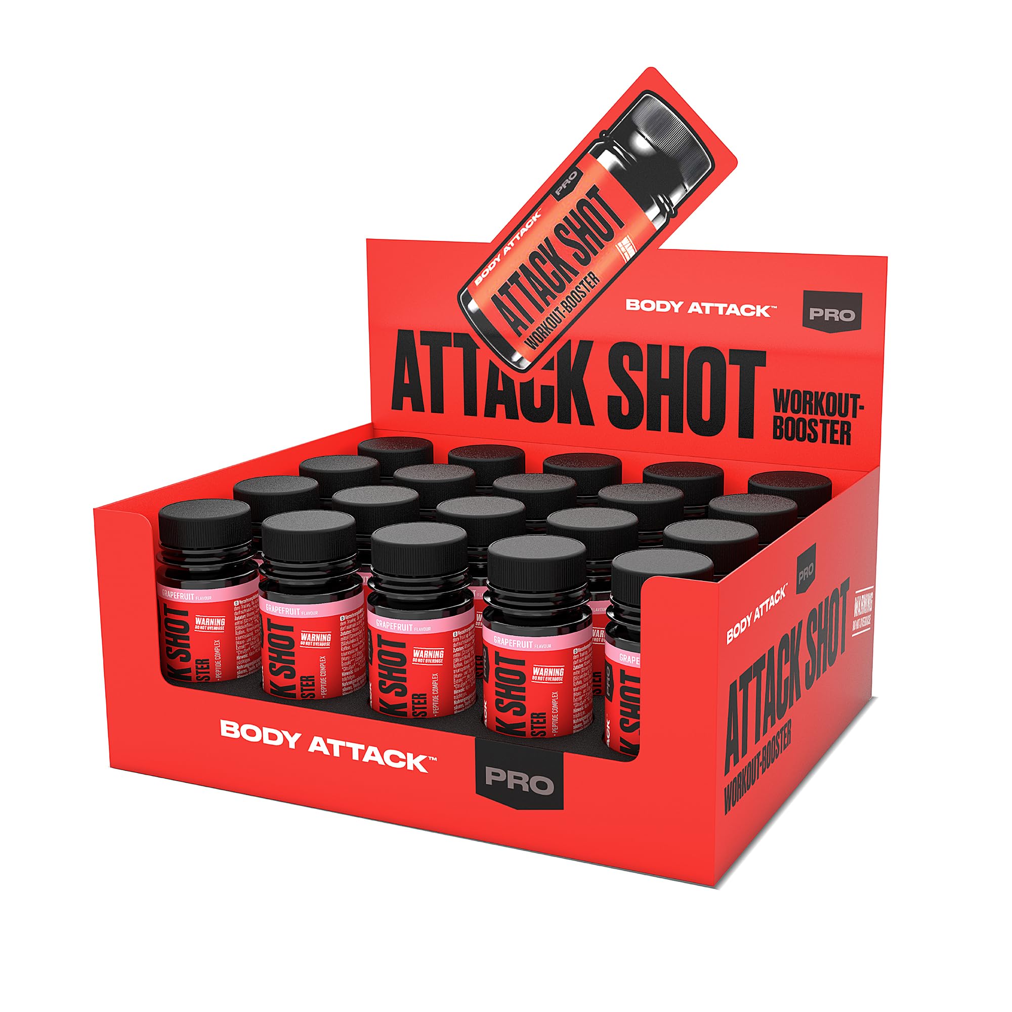 Body Attack Pre Workout Booster Shot - Grapefruit - 20 x 60 ml - Attack Shot mit Koffein, Taurin, Beta-Alanin, L-Tyrosin & L-Citrullin - Energy Drink to go für intensive Workouts