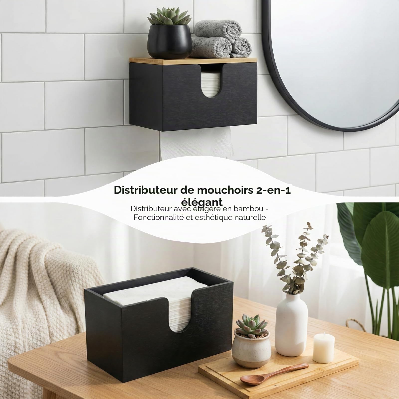 Distributeur de Serviettes en Papier en Bambou - Support Mural ou de Table - 27,5 x 16 x 13 cm avec Couvercle magnétique - pour Pliées en V/C/Z, Cuisine, Salle De Bain, Noir