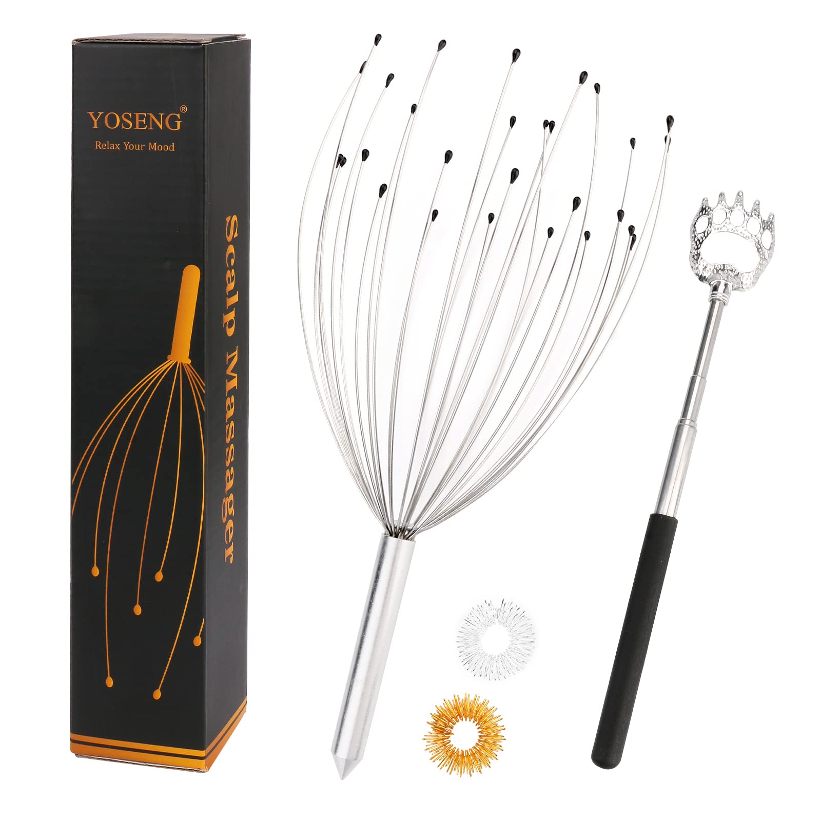Yoseng Head Massager Scalp with Extendable Back Scratcher & Finger Massage Rings-Head Scratcher with 28 Fingers for Hair Growth-Deep Relaxation Tool for Stress Relax and Head Pressure