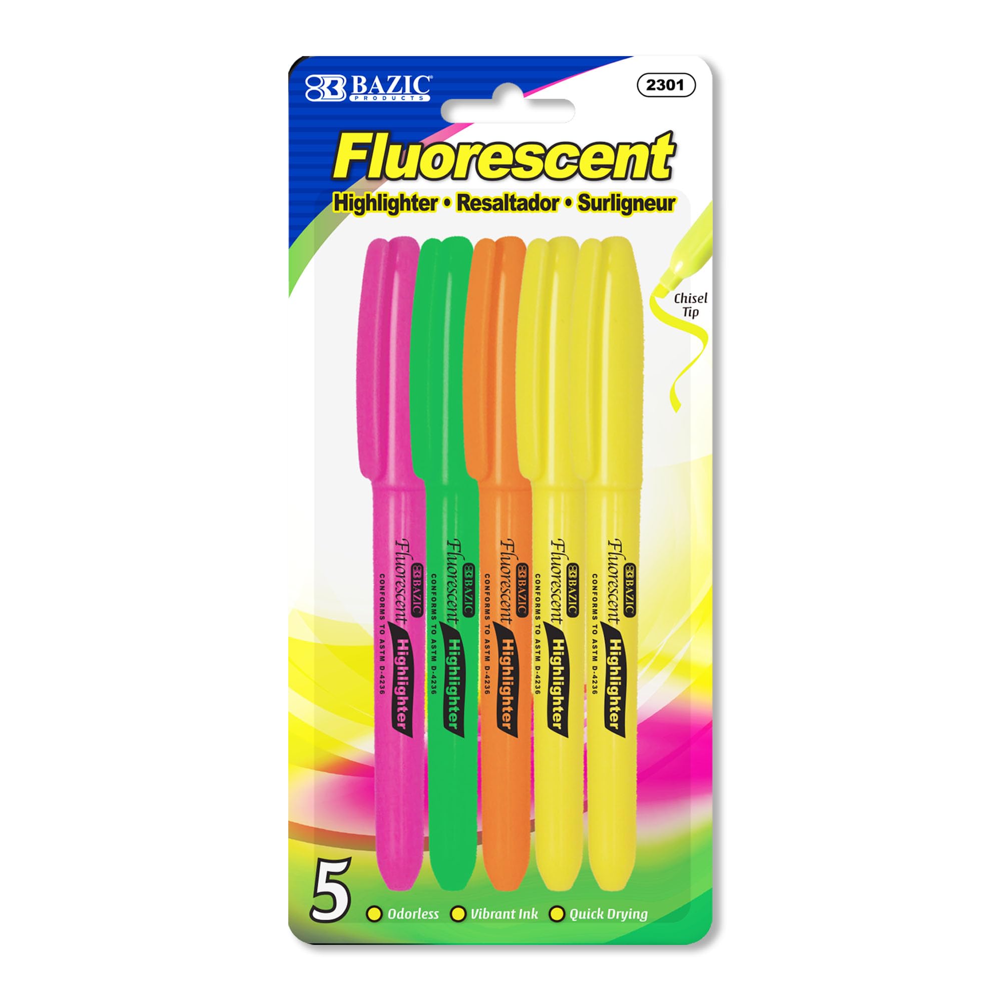 Bazic bolígrafo estilo rotulador fluorescente con clip de bolsillo, 5 por paquete