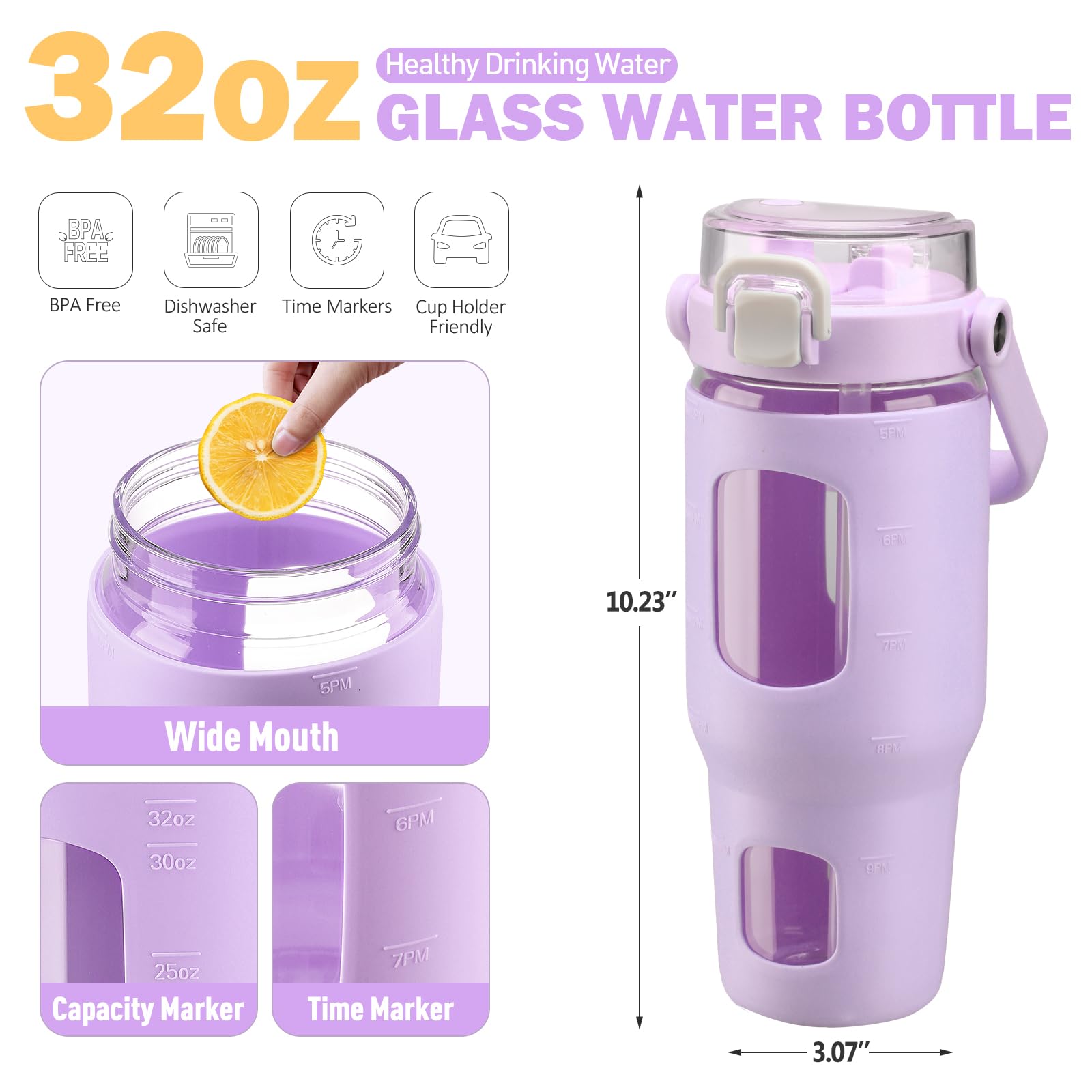 BLUEGO 960ml Bottiglie d'acqua in vetro con cannuccia e indicatore del tempo Bottiglia d'acqua sportiva grande con custodia in silicone 0,96 litri Brocca d'acqua in vetro per palestra, Viola