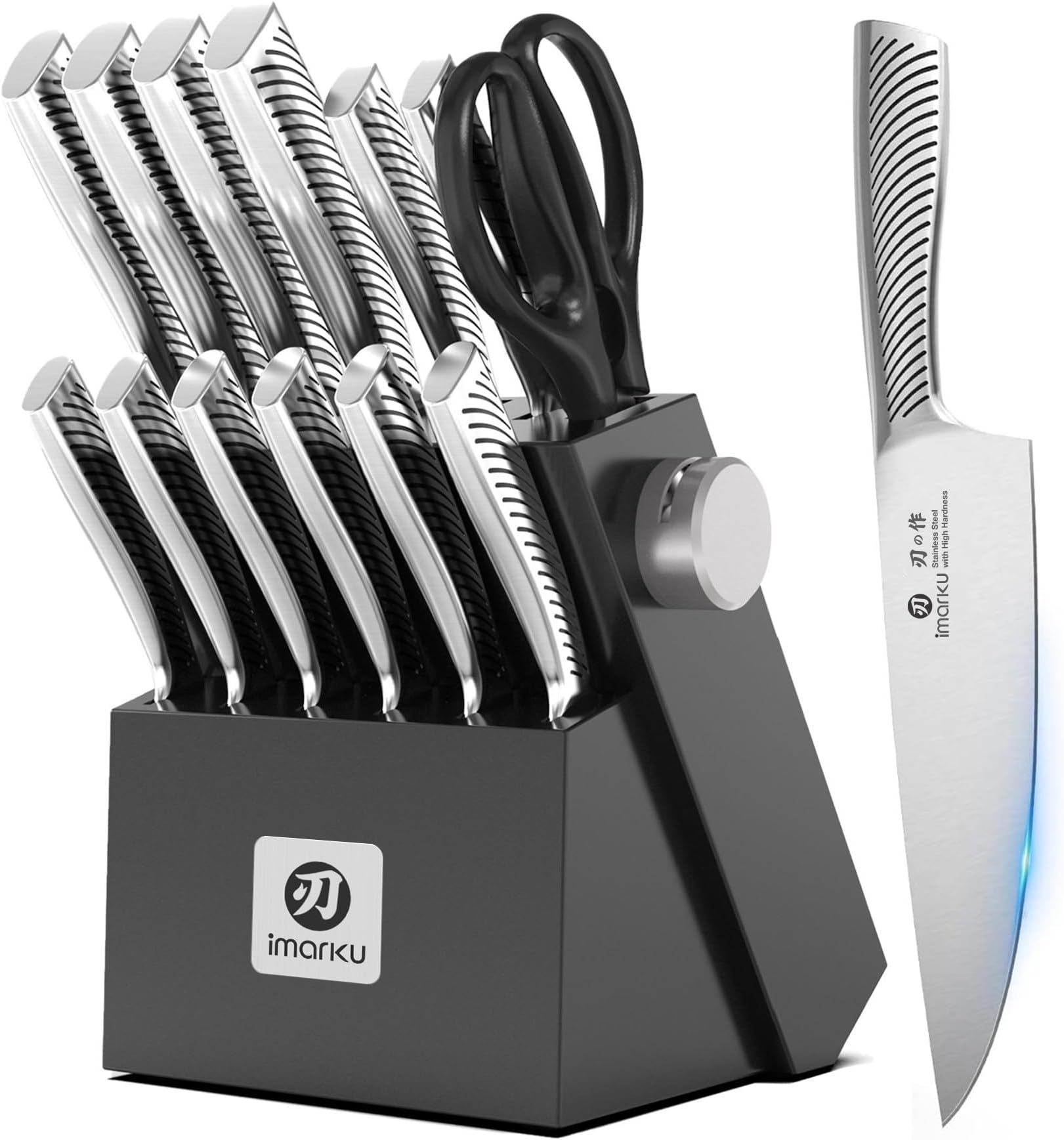 imarku Knife Block Set, 14Pcs High Carbon Stainless Steel Knife Set with Block, Kitchen Knife Set Black, Dishwasher Safe, Build-in Sharpener, Gifts for Mom