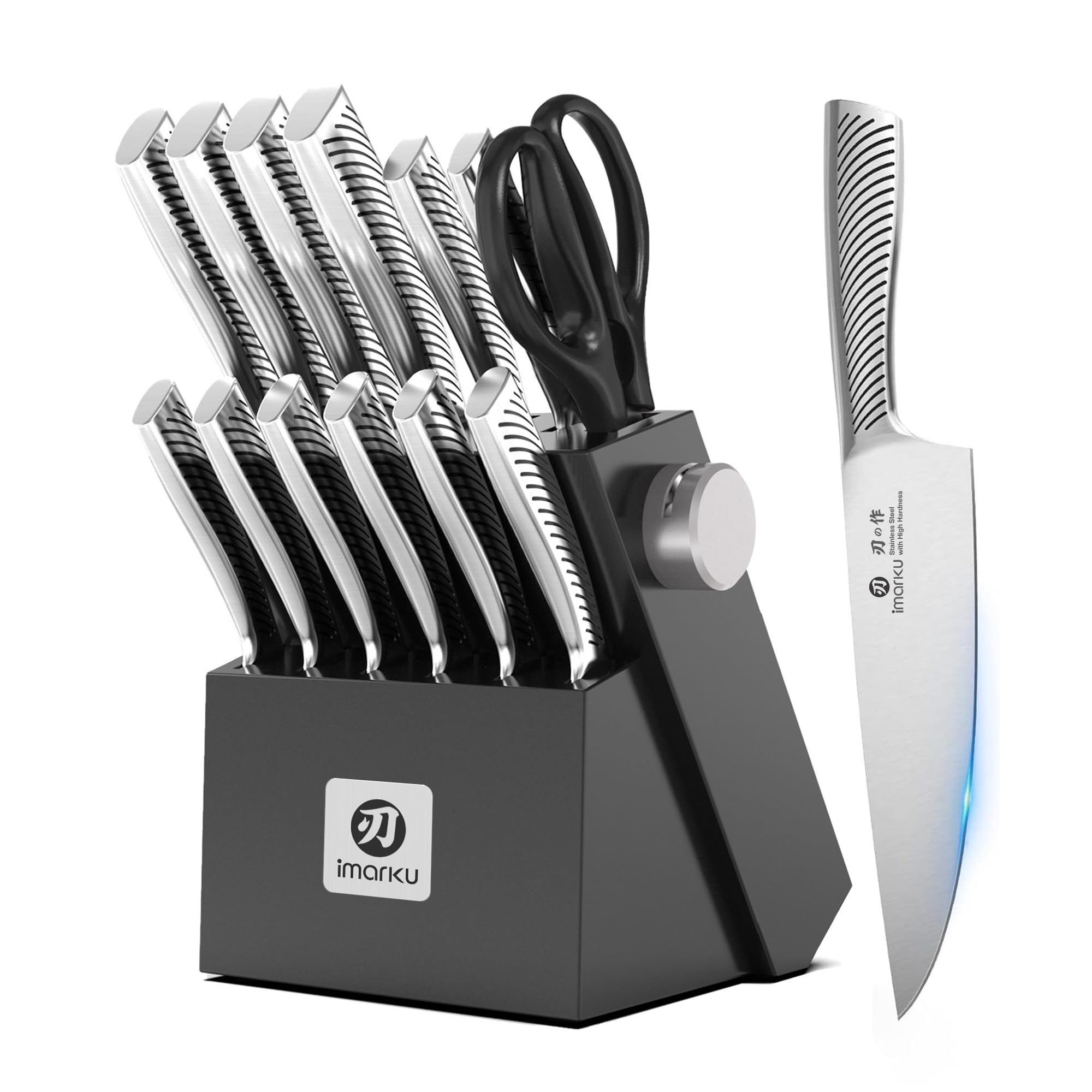 Knife Block Set, 14Pcs High Carbon Stainless Steel Knife Set with Block, Kitchen Knife Set Black, Dishwasher Safe, Build-in Sharpener