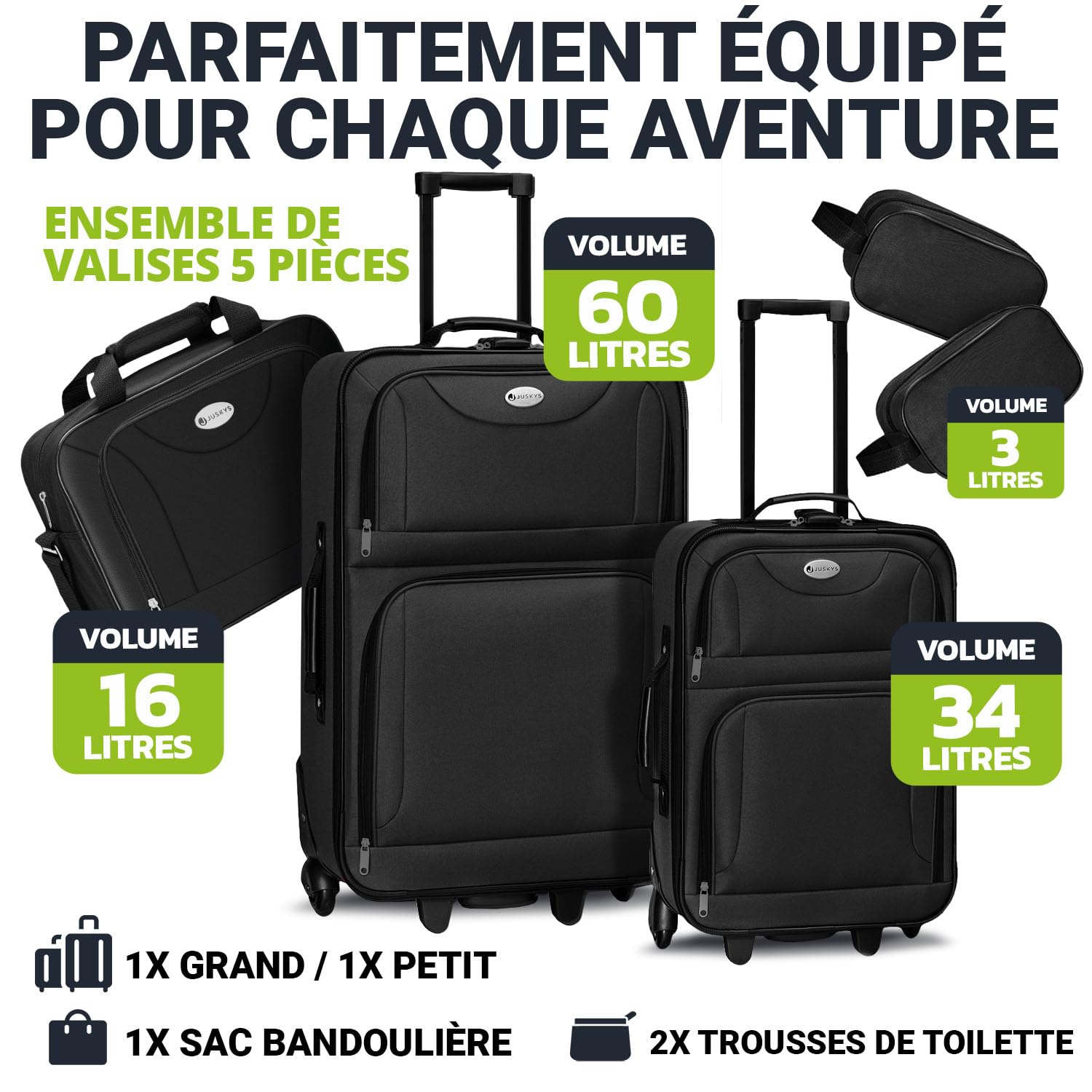 Juskys Trolley Ensemble de valises 5 pièces - 60 et 34 litres, 2 Roues, Coque Souple, Tissu Hydrofuge, légères, Bagage à Main - valises Noires