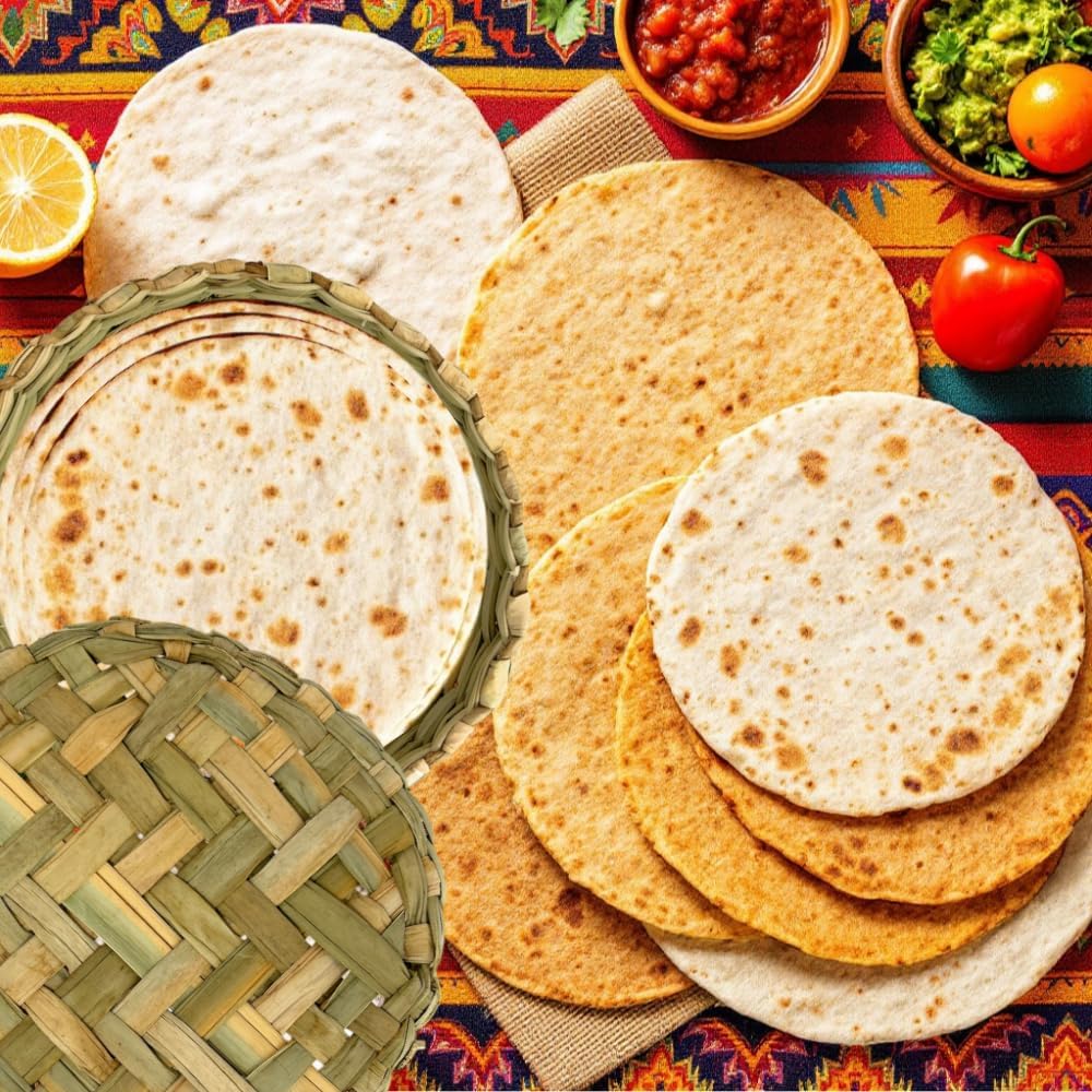 Authentic Mexican Tortilla Warmer with Lid, Handcrafted Basket made of Wicker, Mexican Basket for Pancake Taco Bread Server for Homes and Mexican Restaurants, 7.75 x 2.5 Inch Mimbre Classic Style