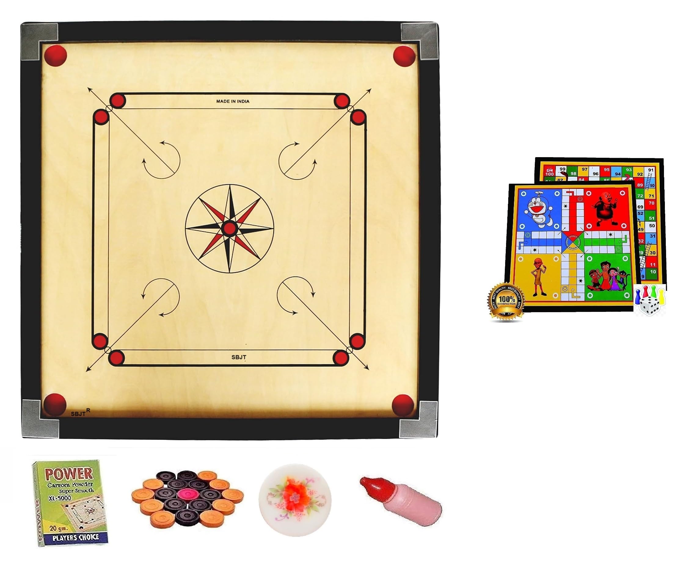 WRF Superior Matte Finish Practice Carrom Board for Serious Professional Practice with Coins Striker and Powder Black New (32 Inch with Ludo WR-5)