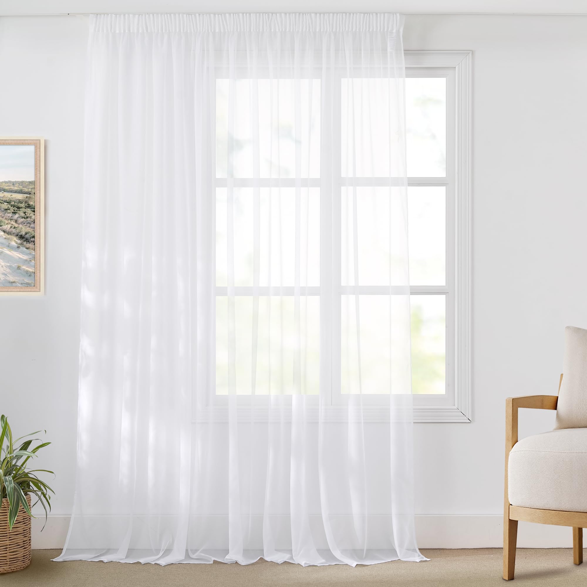 Voilage grande largeur 300x245 cm blanc transparent pour salon à passe-tringle