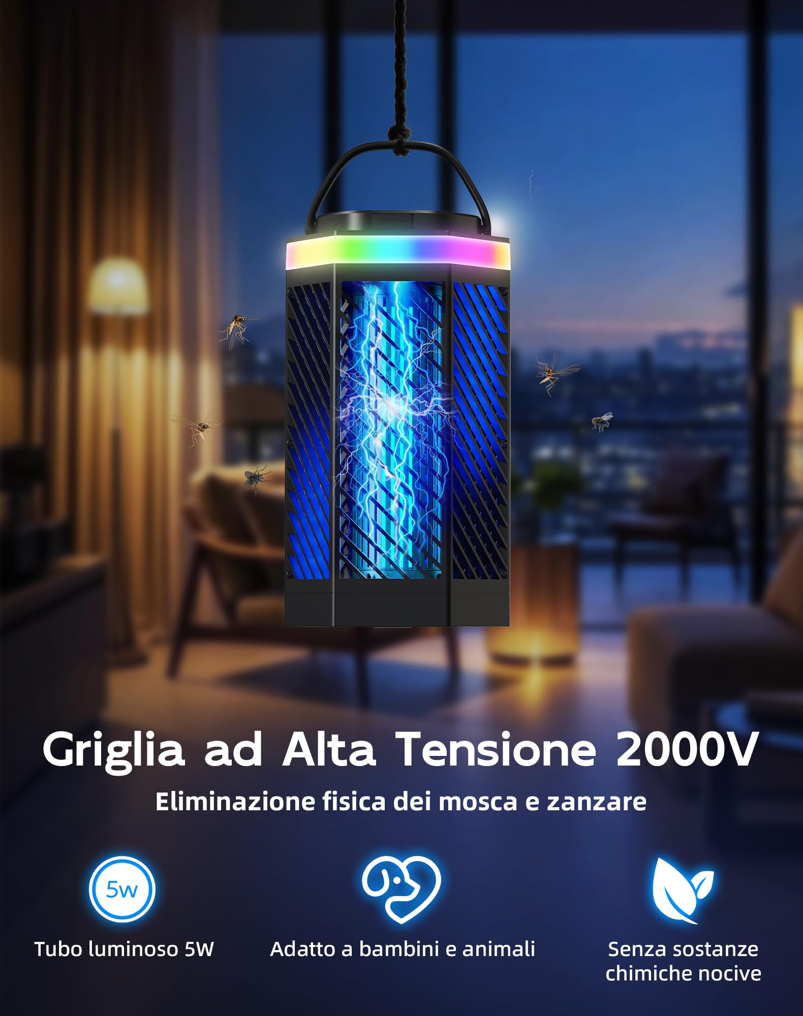 Lampada Antizanzare Elettrica Ricaricabile 8000mAh, Ammazza Zanzare 3 in 1 con Luce LED e RGB, 2000V Trappola per Insetti da Esterno e Interno, IPX4 Impermeabile per Casa, Camping