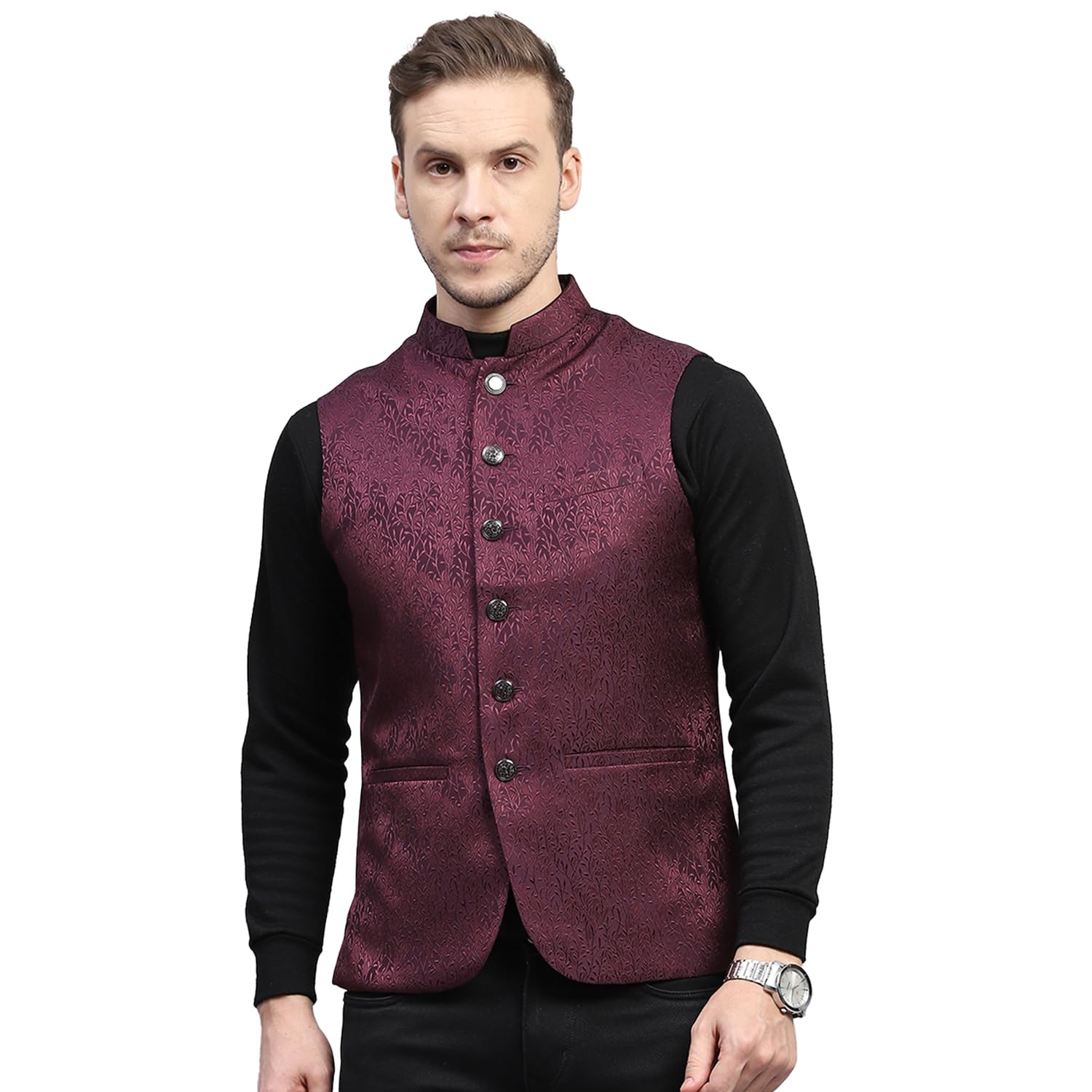 Mens Self Design Band Neck Sleeveless Coat (224021063)