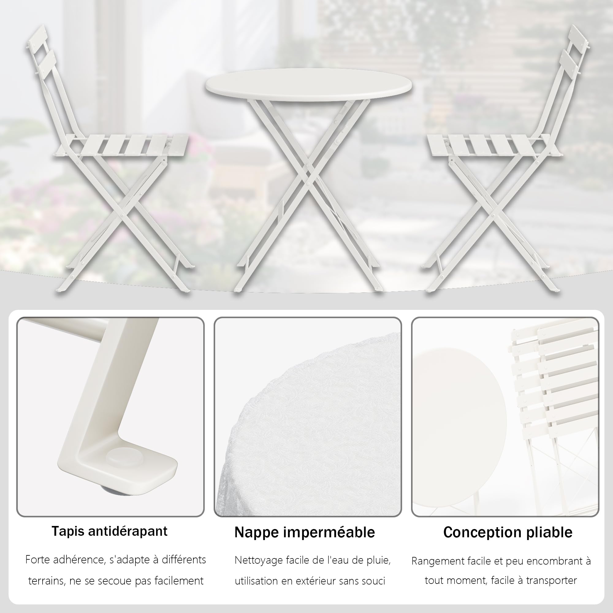 DEWINNER Ensemble De Table Et Chaises De Jardin, Salon De Jardin Extérieur 3 Pièces, Table Ronde avec 2 Chaises Pliantes, Pliable, Blanc, Nappe Imperméable Incluse, pour Balcon, Terrasse, Cour