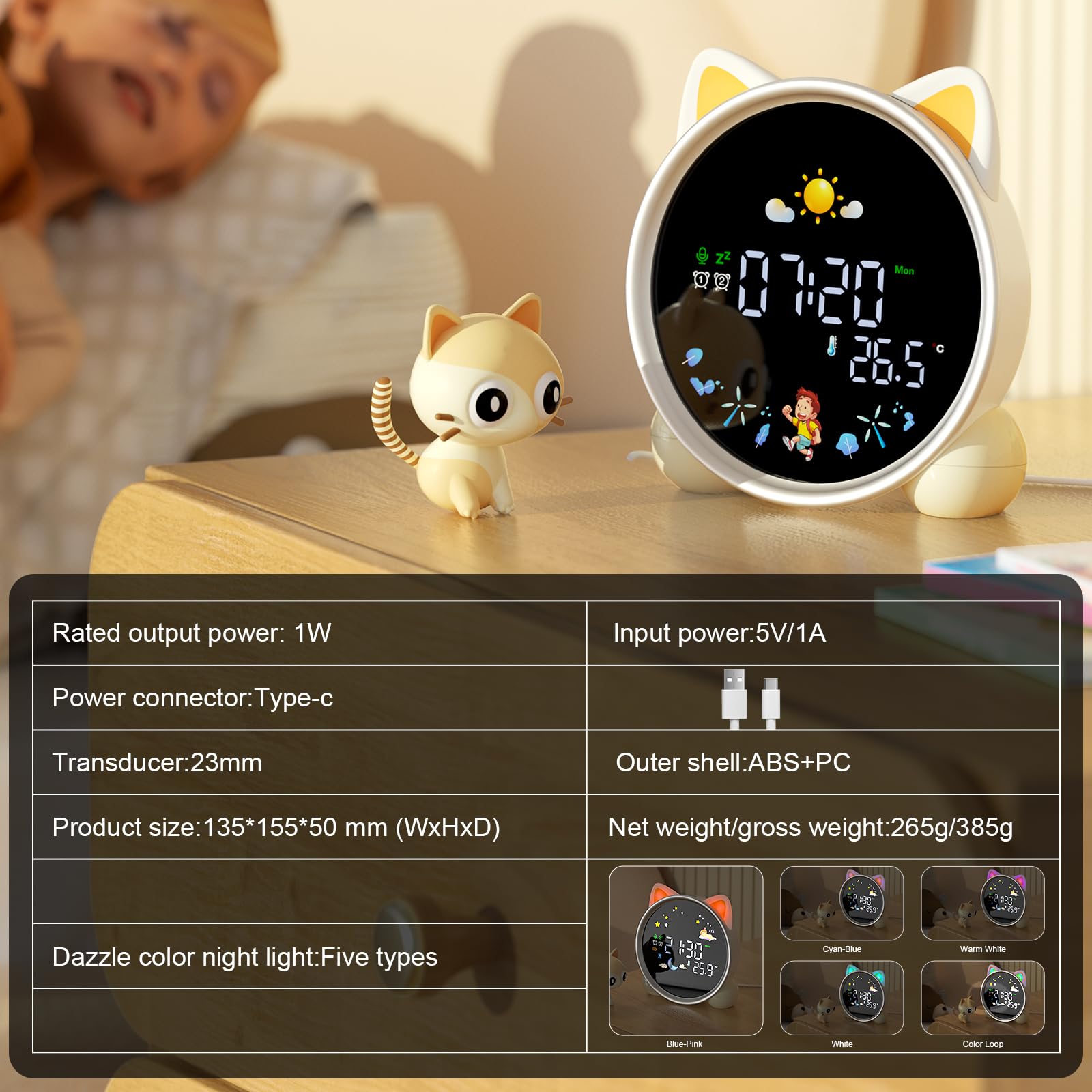 ANALOI Reloj despertador para niños, reloj OK to Wake para niños, reloj para permanecer en la cama y entrenamiento de sueño, temporizador de siesta, detección de temperatura, bonita decoración de