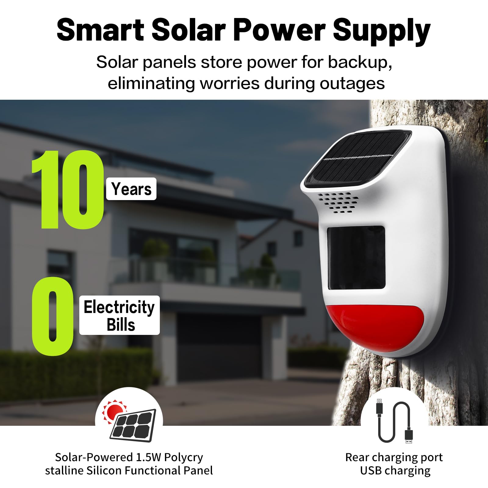 Alarma solar con sensor de movimiento, sirena de seguridad impermeable IP65 de 120 dB con control remoto y luz estroboscópica, 3 modos para patio/granja/hogar, detección apta para mascotas de 5 a 8 m
