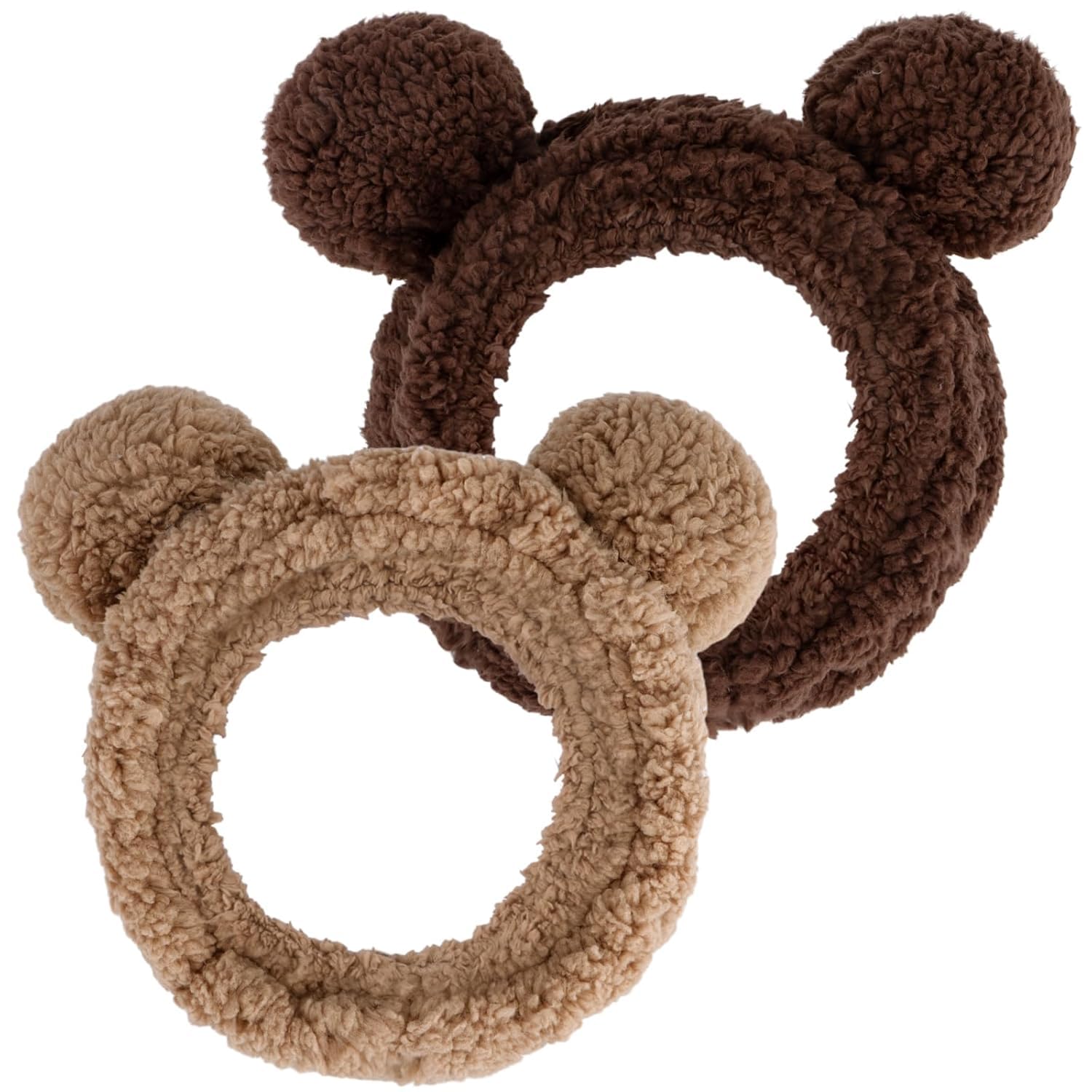 2 Pcs Bear Ears Skincare Headbands for Makeup Spa, Face Wash - Brown Elastic Facial Headband (Dark brown bear headband set, Standard)