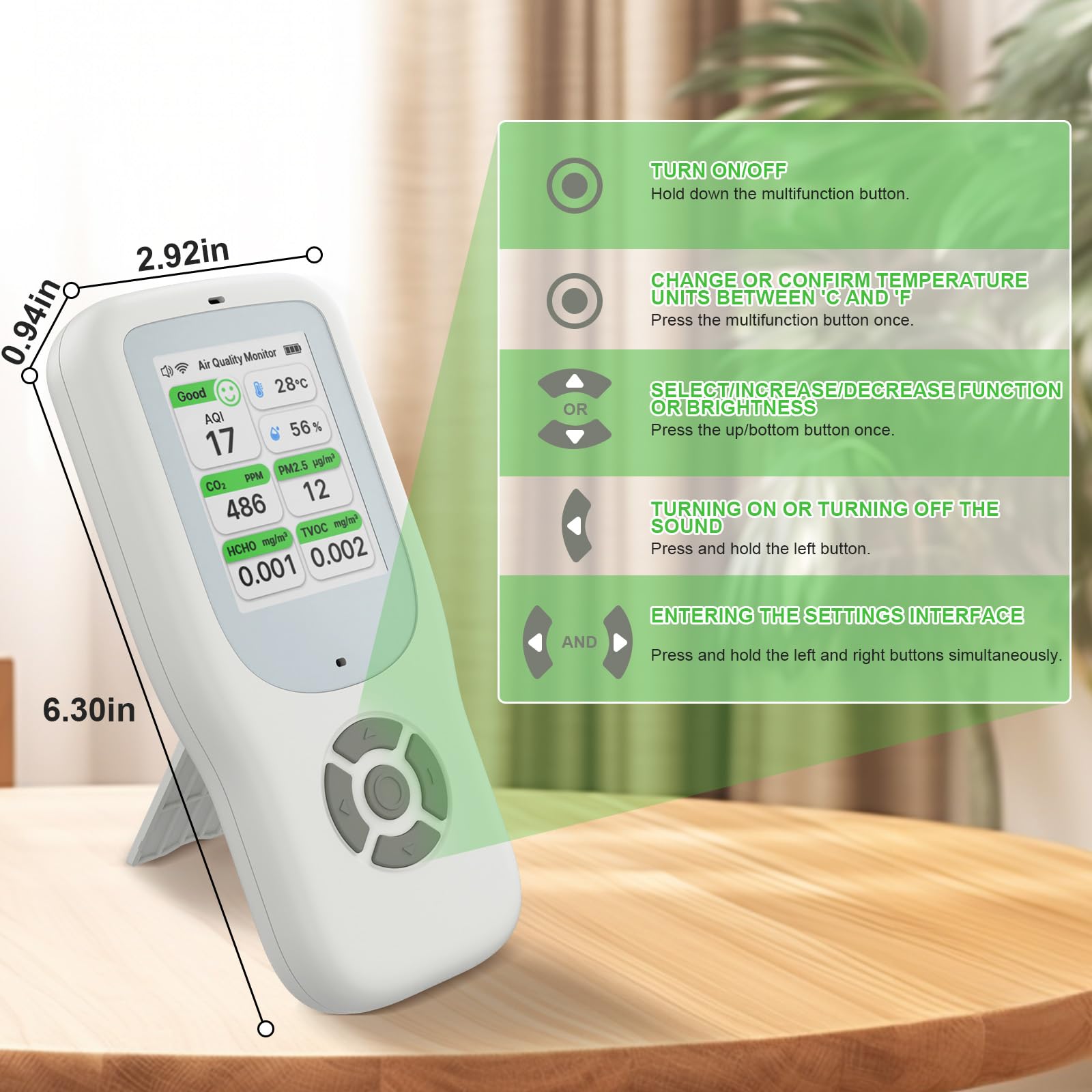 10 IN 1 Luftqualität Messgerät Melder, NDIR WiFi Luftqualitätsmonitor mit AQI/CO2/PM1.0/PM2.5/PM10/HCHO/TVOC, Temperatur & Luftfeuchtigkeit, Tragbar Formaldehyd-Detektor mit Smart APP für Haus Büro
