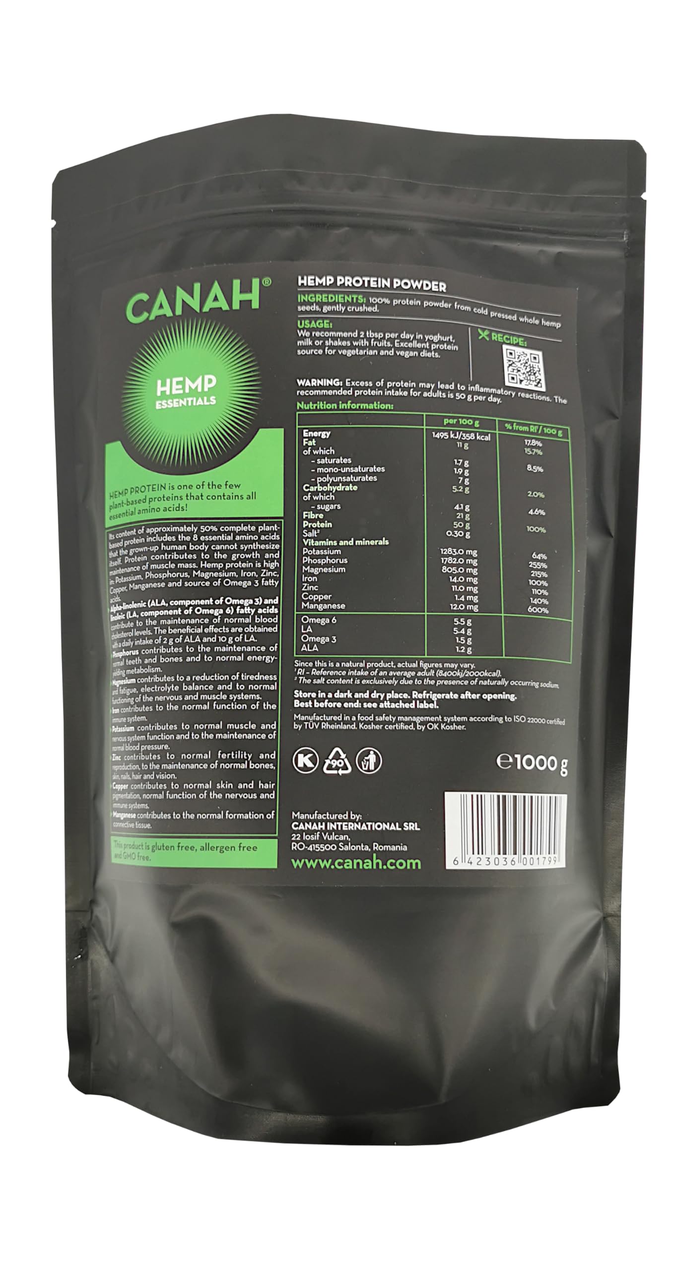 Natürliches Hanfproteinpulver von Canah 3x1.000 g - mit hohem Gehalt an Omega-3 Protein, Aminosäuren, Mineralien, Magnesium-Phosphor-Eisen und Zink, veganische Supernahrungsmittel kalt verarbeitet