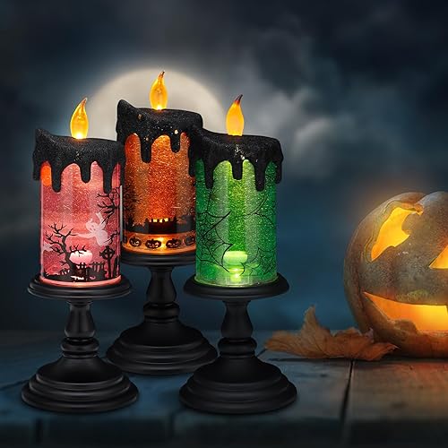Miniatura 5 de Lámpara iluminada de globo de nieve de Halloween, velas sin llama iluminadas con remolinos de purpurina de agua y movimiento espeluznante, funciona