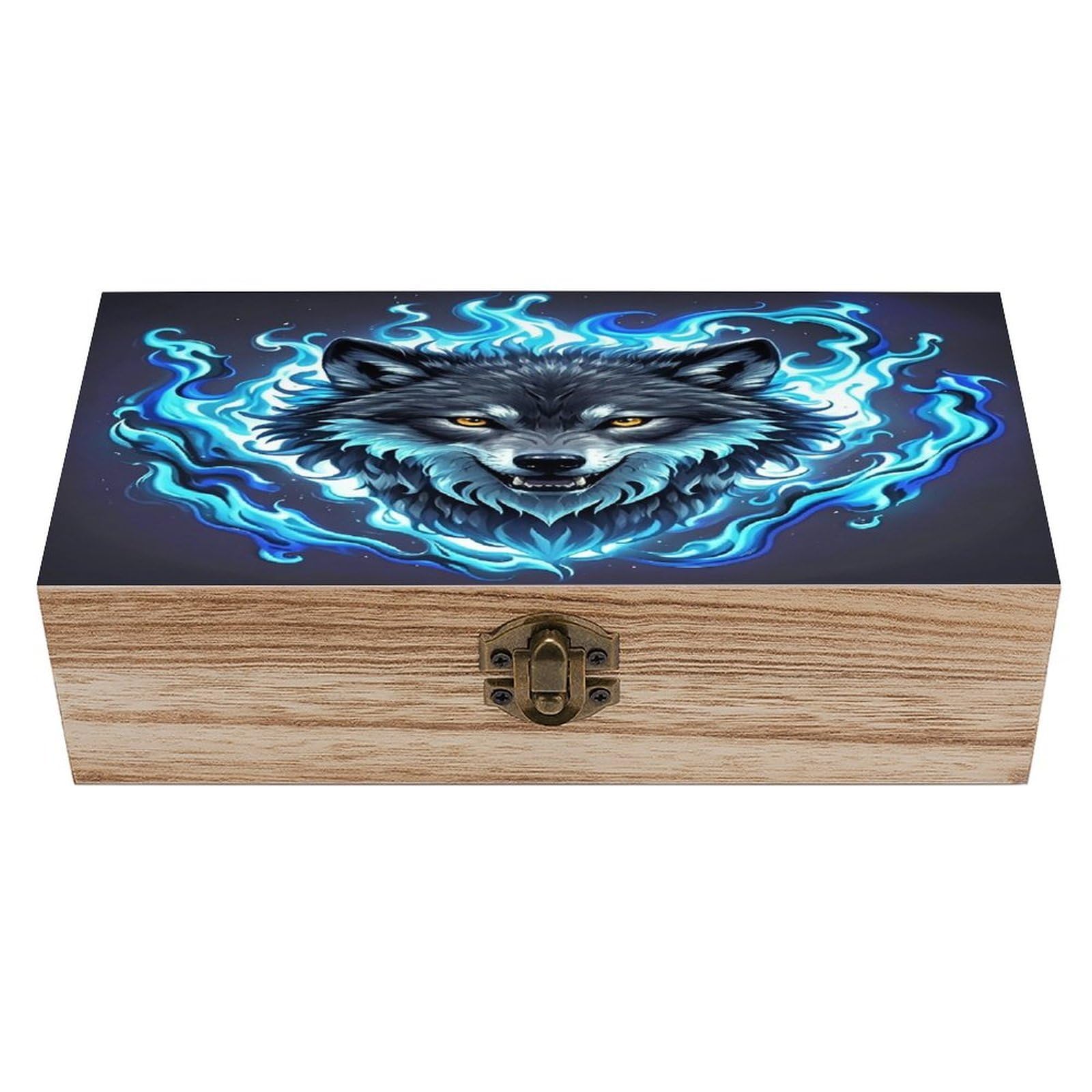 LZQPOEAS Wolf Head in Blue Flames Wooden Box Storage Space to Organize Jewelry in A Beautiful Small Storage Box Decorative Card Boxes Memory Treasure Boxes for Crafts And Photo Storage