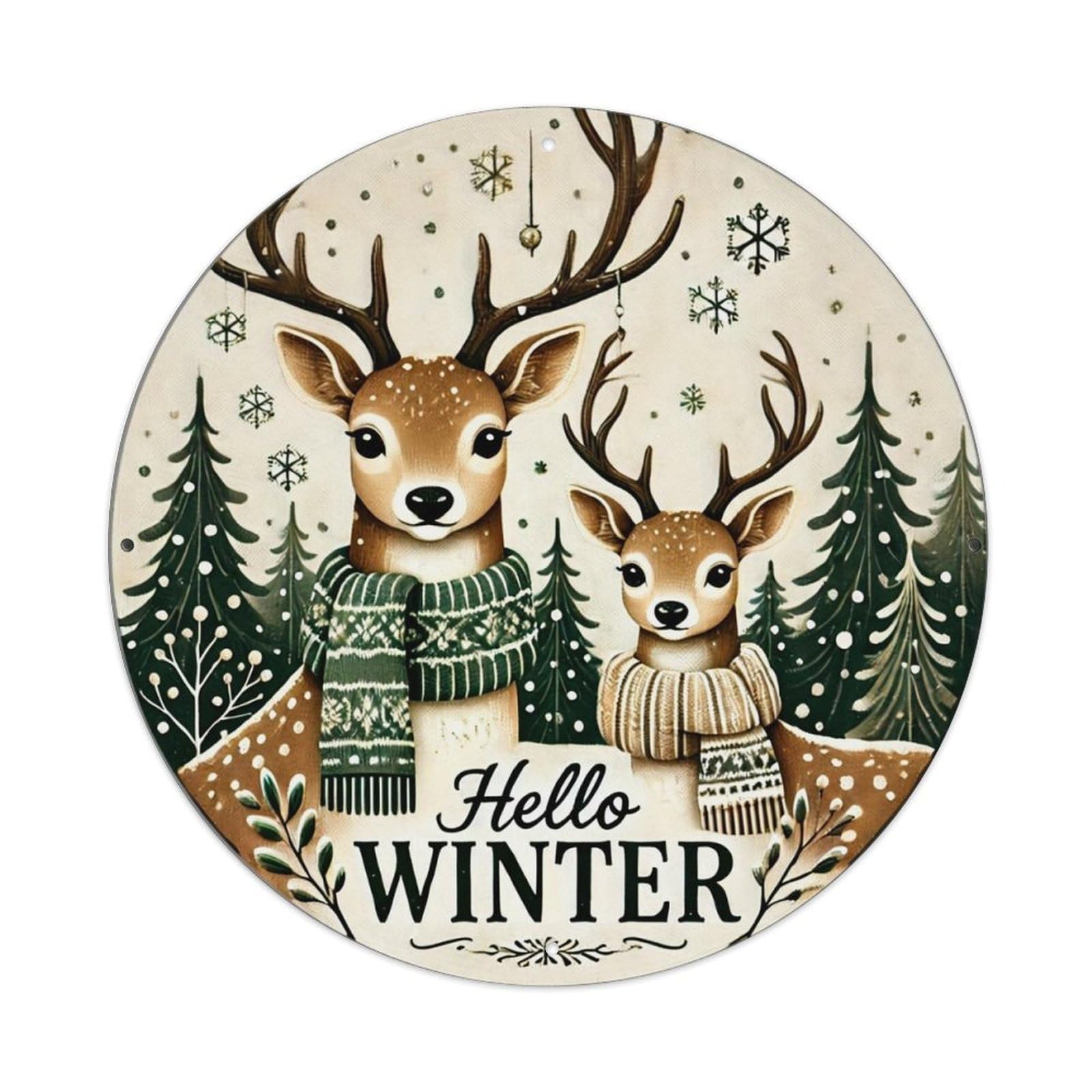 Reindeer Winter Forest Scarf Snowflake Vintage Round Tin Sign Retro Metal Wall Decor Metal Poster, Home Bar Garage Cafe Wall Art Decoration 8x8Inches