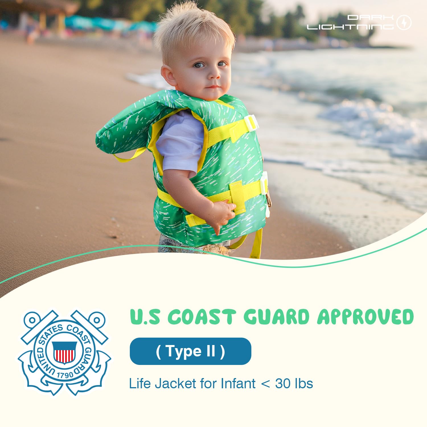 Dark Lightning Coast Guard Approved Baby/Infant Life Vest,USCG Kids Life Jacket 0-30 lbs, Toddler Floaties 20-30 Pounds,Toddler Swim Vest/Water Wings Arm Floaties in Puddle/Sea (Green)