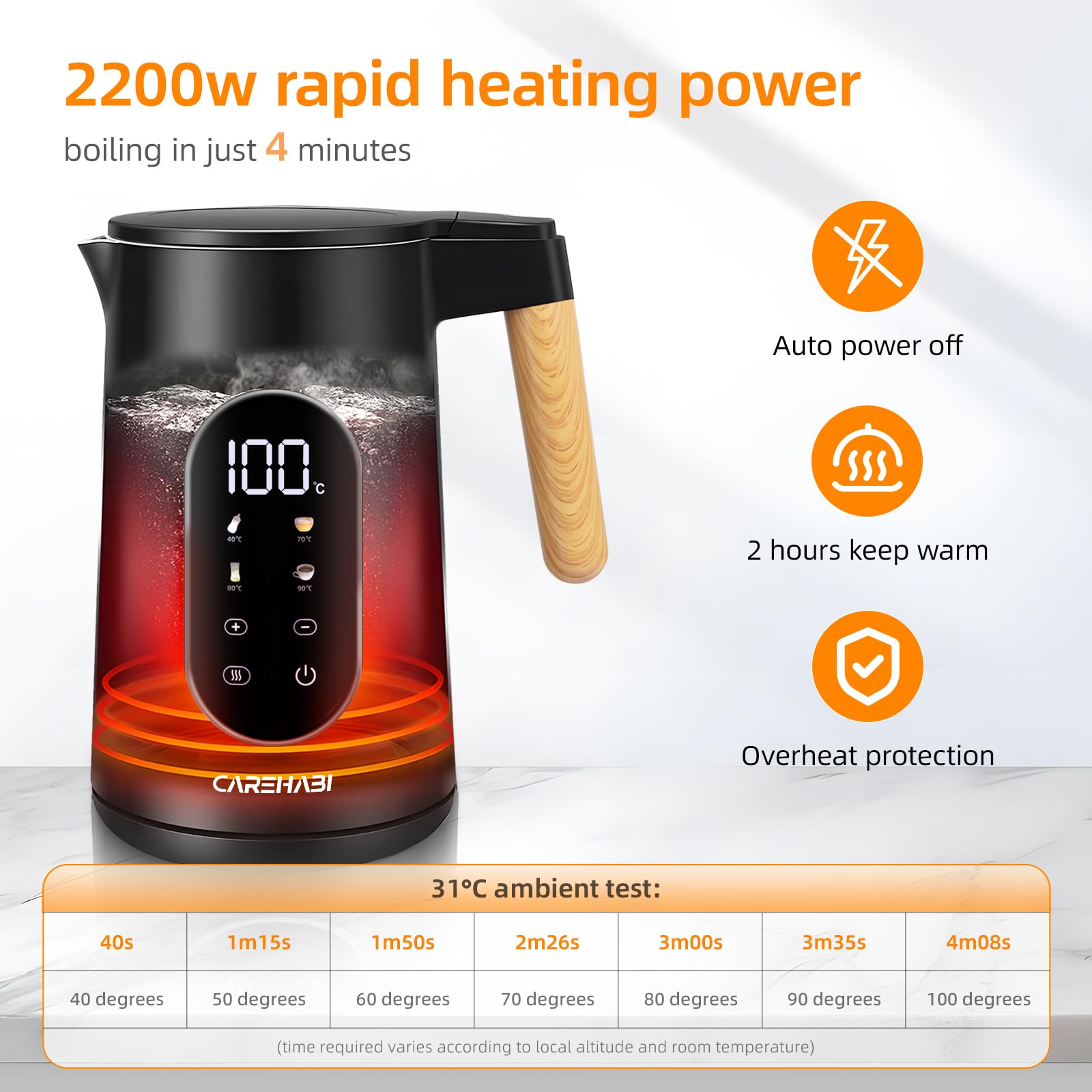 Carehabi Bollitore Elettrico 1,7 L 40-100°C Bollitore Elettrico Temperatura Regolabile Acciaio Inox 2200 W Indicatore LED Base di Rotazione a 360°