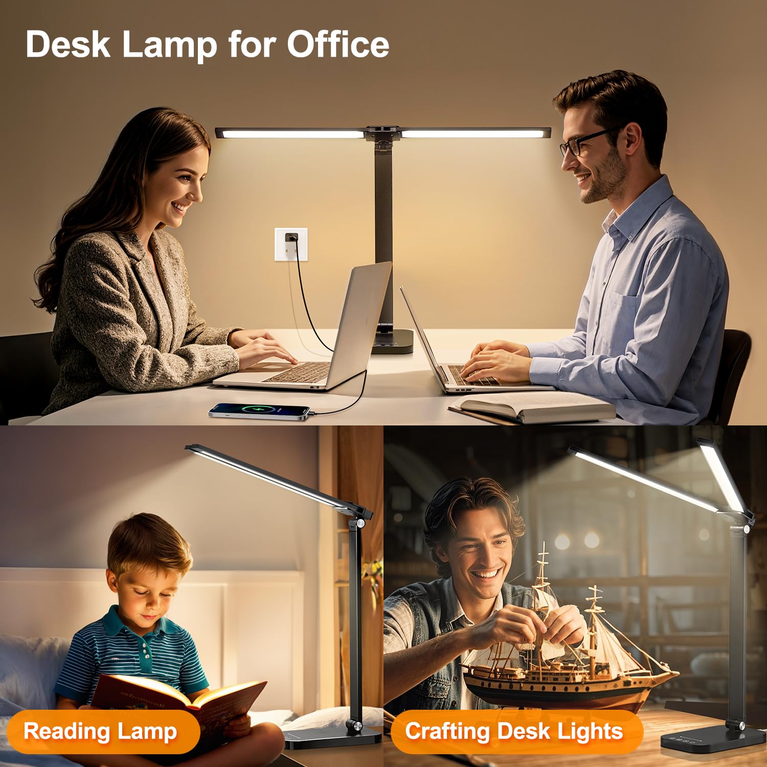 One Fire Led Lampe de bureau double tête, 10 niveaux de luminosité, 5 couleurs, avec prise d'alimentation, pliable et réglable, minuteur de 45 minutes