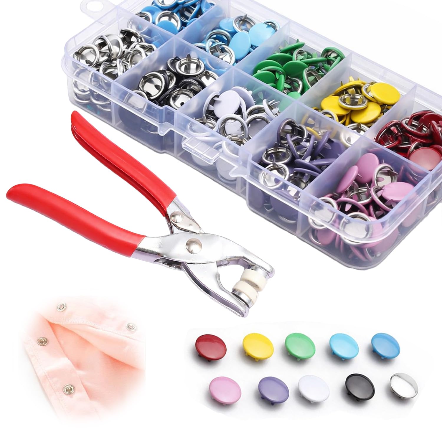 Vextpiratory Colour Press Studs Snap Fasteners 100 Sets No Sew Kit With Pliers For Clothing Bags And Diy Crafts, Metal Snap Fastener Kit With Snap Fastener Tool, 9.5Mm Poppers Fasteners For Fabric And Leather
