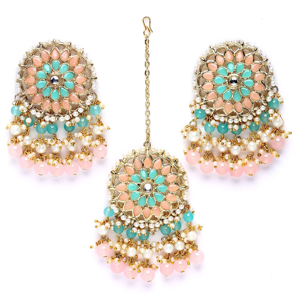 Karatcart Gold Plated Pink and Light Blue Kundan Earrings and Maangtikka Combo Set for Women (B0BFZR3DKD) Amazon Price History, Amazon Price Tracker