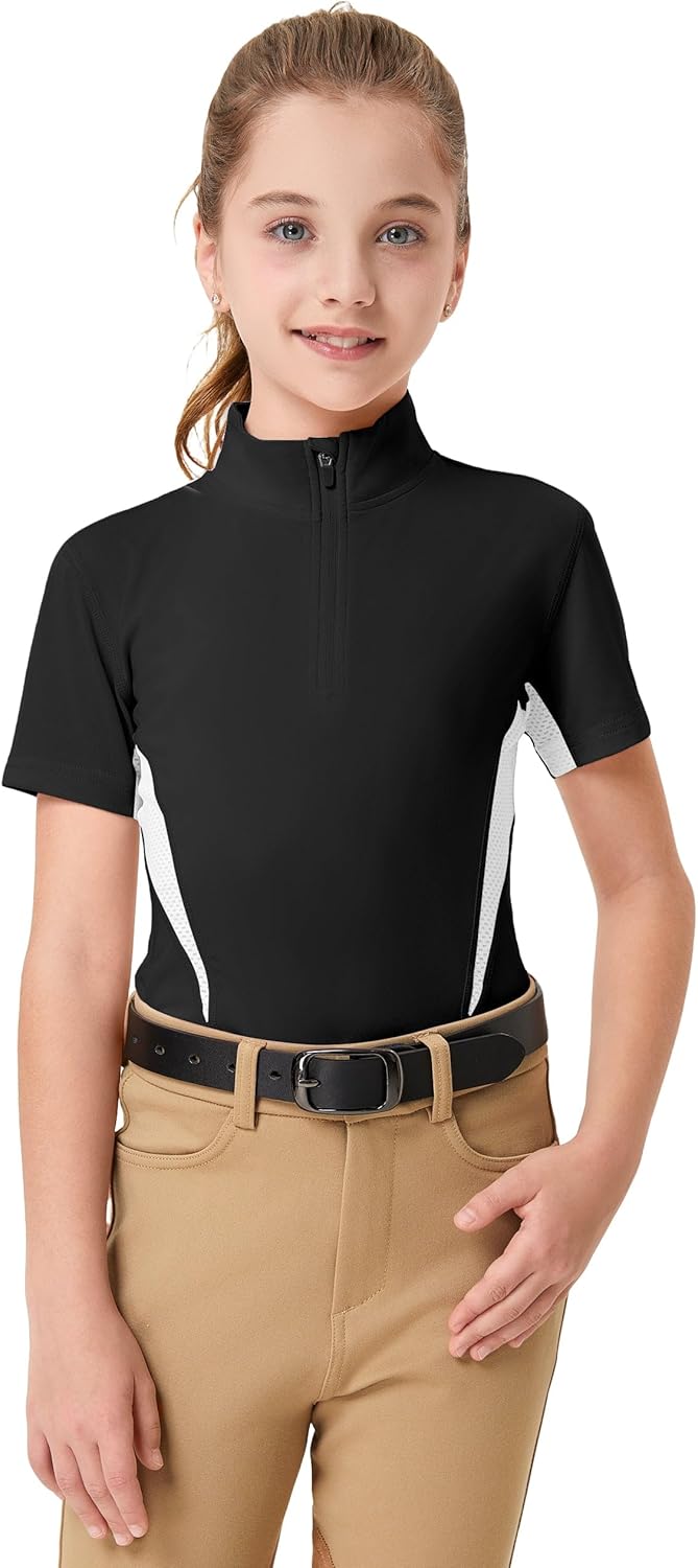 FitsT4 Sports Girls Short Sleeve Equestrian Shirt Quick Dry Horse Riding Shirts Half Zip Horseback Show Shirt