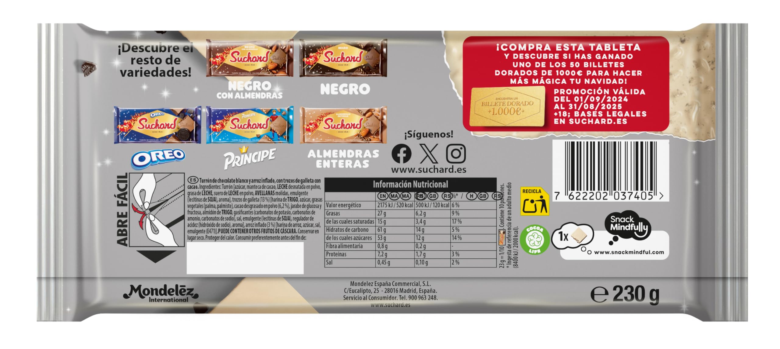 Suchard Oreo Turrón de Chocolate Blanco con Galleta Oreo, El Sabor Navideño - 230 g