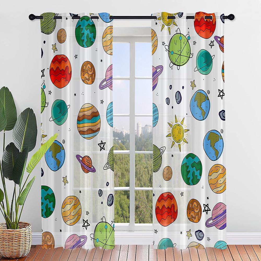 Hiseng Cortinas Translucidas Decorativas con Ojales 2 Piezas, Cortinas Visillos Translúcidos de Dormitorio Moderno Impresión para Niños Salon Cocina Ventana Comedor (107x160cm,Planeta)