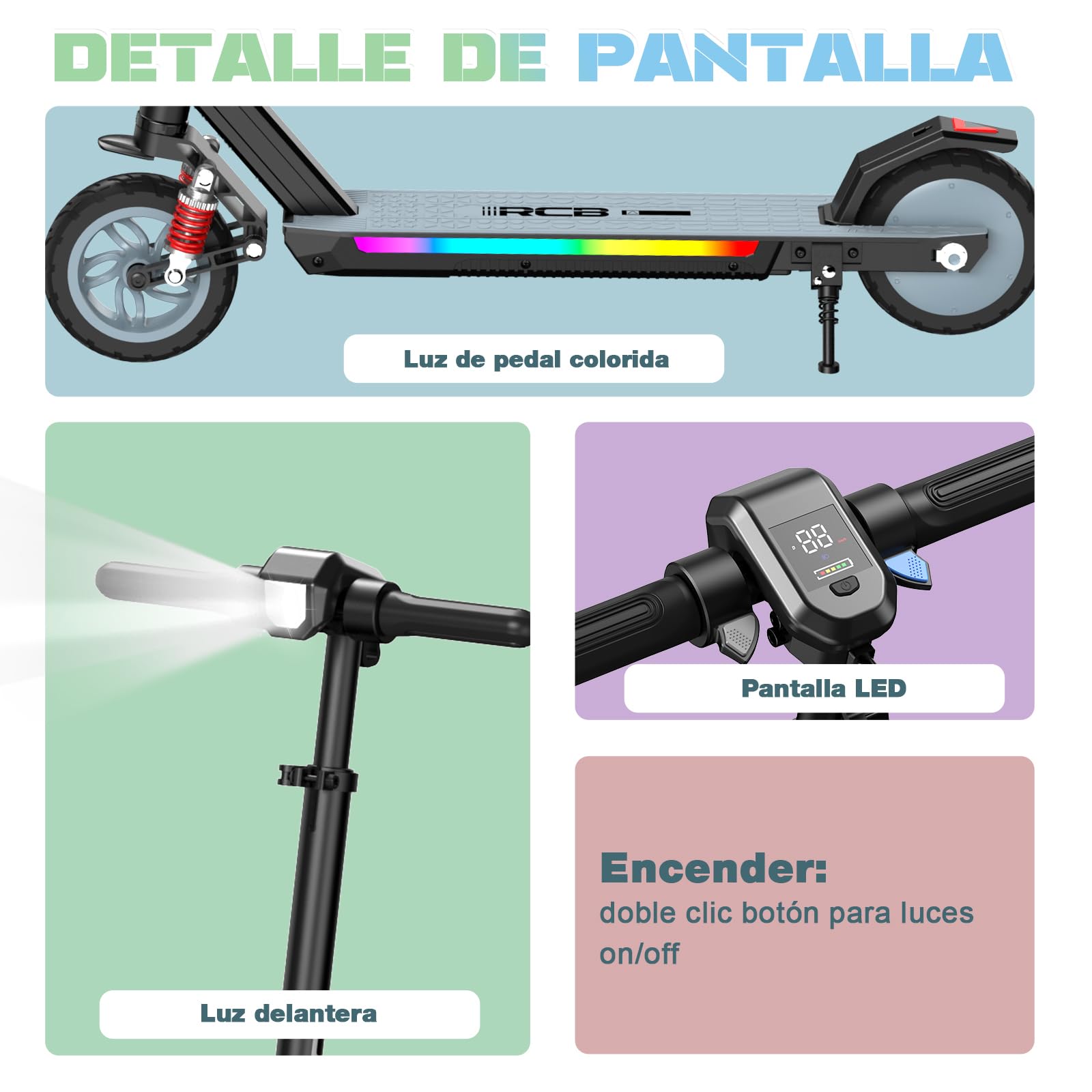 R12 MAX Patinete Eléctrico Niño 6-12 años, Scooter con Motor 150W, 3 Velocidades 6/12/18 km/h, Autonomía 15 km, Amortiguador, Altura Regulable, Luces LED y Pantalla, Plegable 7"