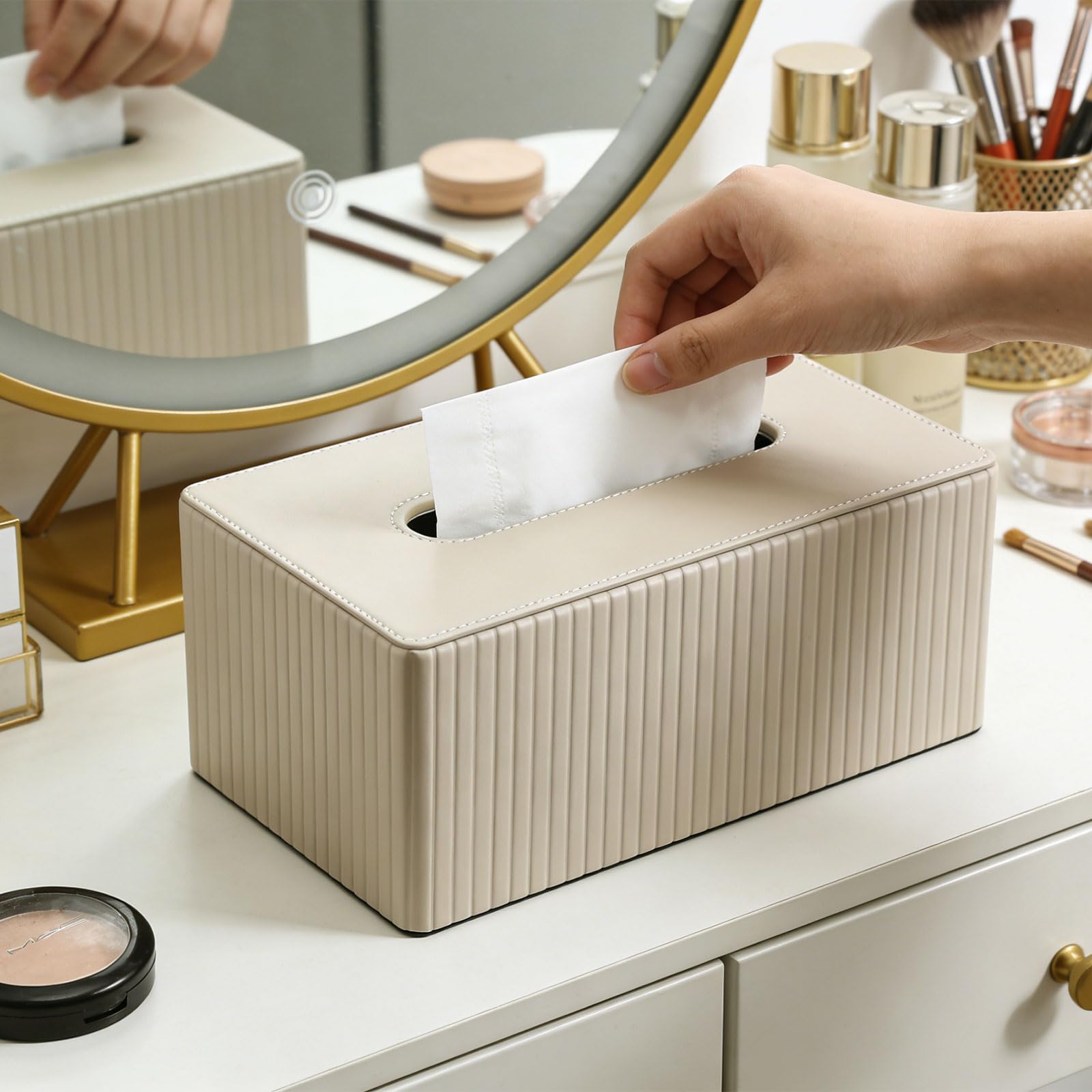 Scatola per fazzoletti in pelle PU, per riporre fazzoletti cosmetici | con chiusura magnetica, beige, decorazione per bagno, soggiorno e ufficio (26 x 15 x 12 cm)