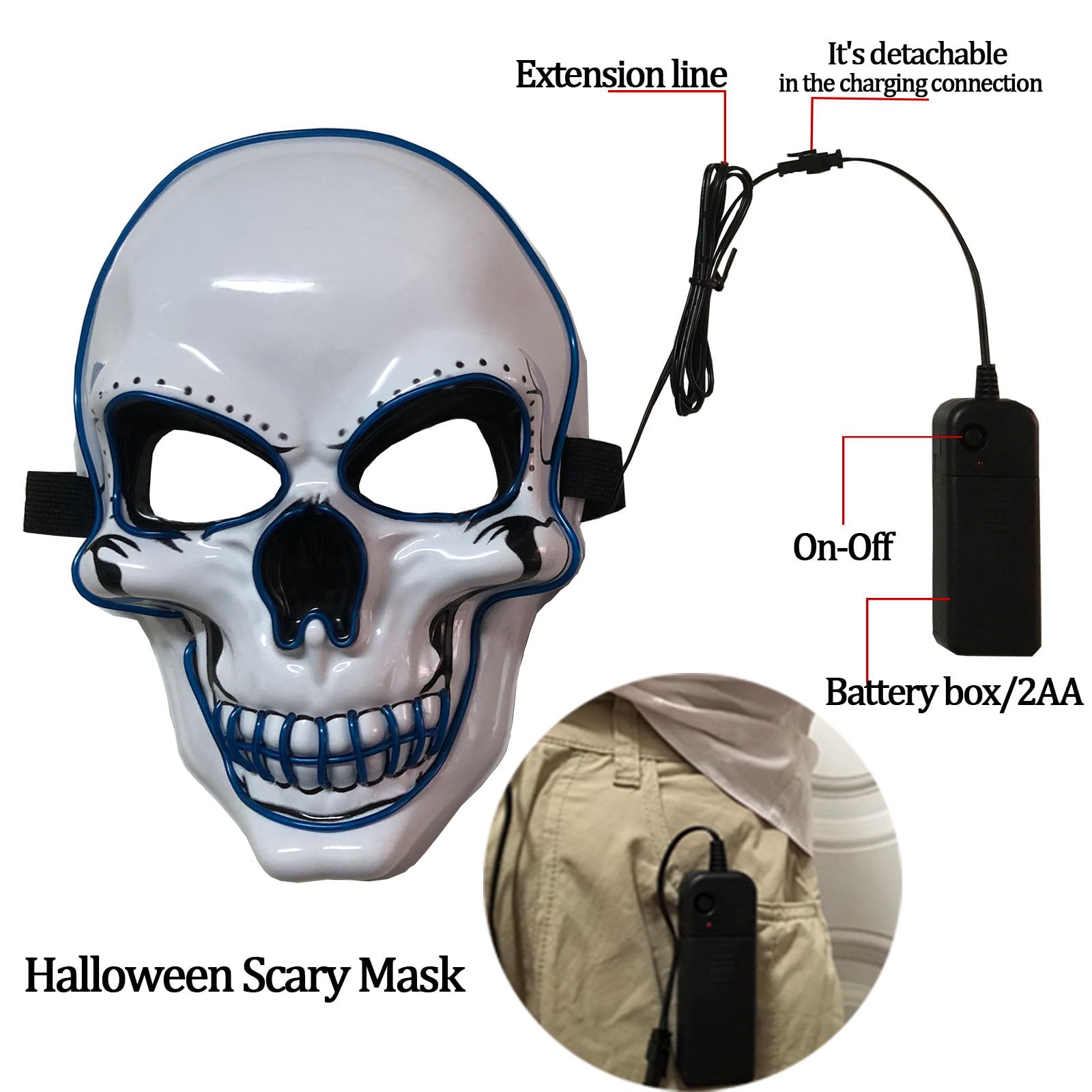 Máscara de miedo de Halloween con luz para suministros de recuerdo de fiesta con 3 modos (azul) 5