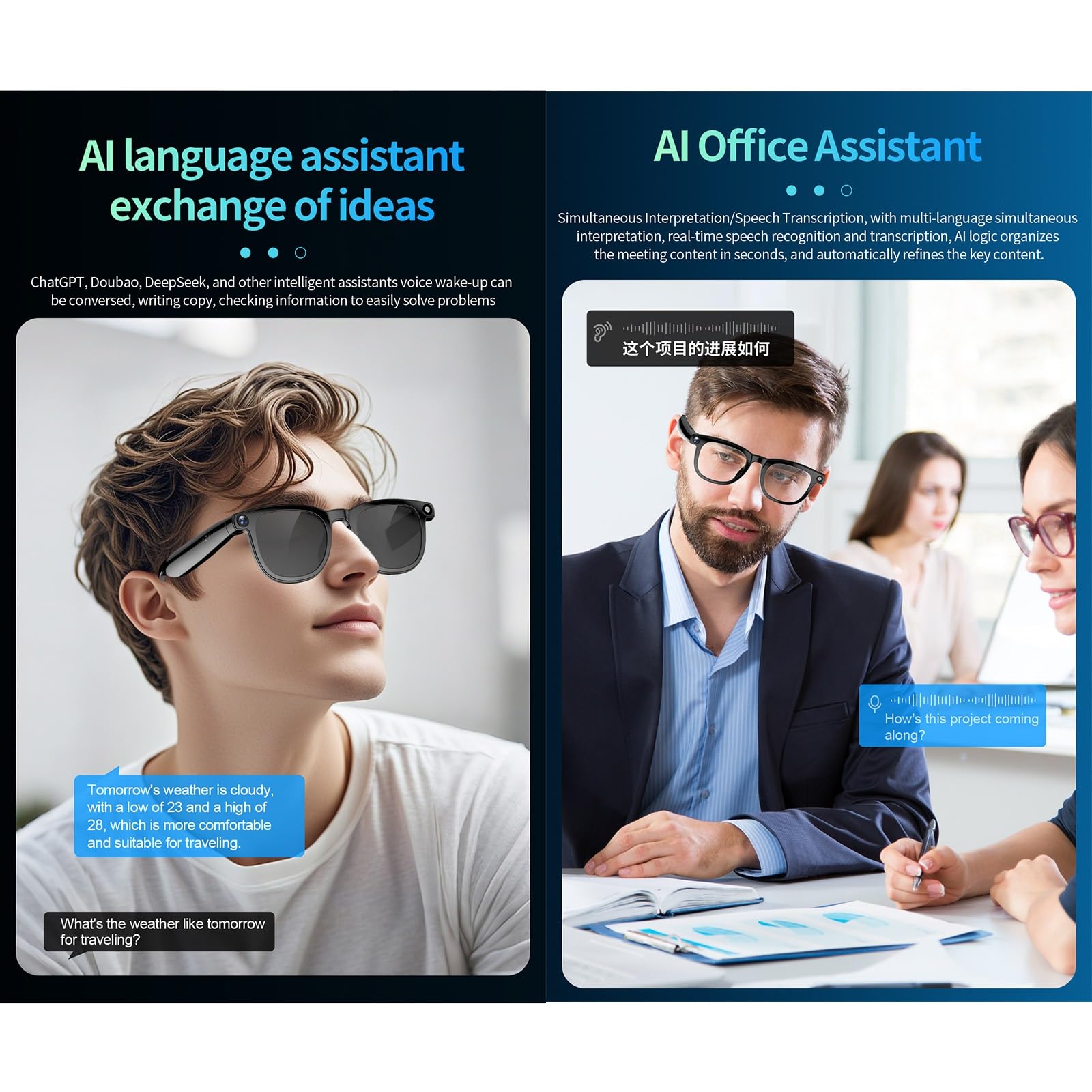 Gafas Inteligentes Con IA Y Cámara De 8MP, Compatibles Con Vídeo HD 1080P, Bluetooth Para Música Y Llamadas, WiFi, Asistente Voz Con IA, Traducción Y Reconocimiento De Objetos Para Viajes(White)