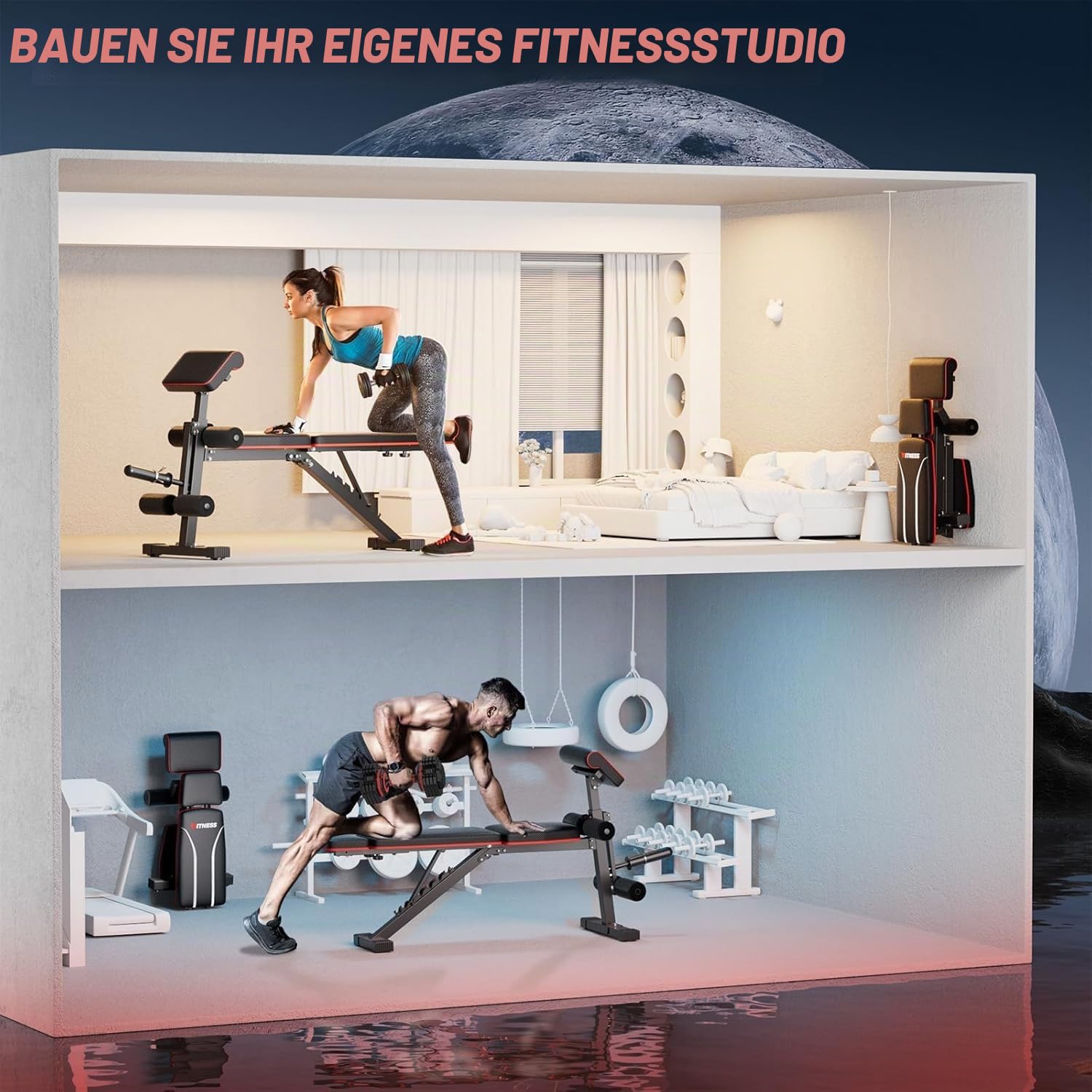 XDDIAS Klappbar Hantelbank, 10-fach Verstellbare Fitnessbank mit Beinstrecker & Curlpult, Multifunktion Trainingsbank für Schrägbank Flachbank für Home Gym Krafttraining, Platzsparende Hantelbank