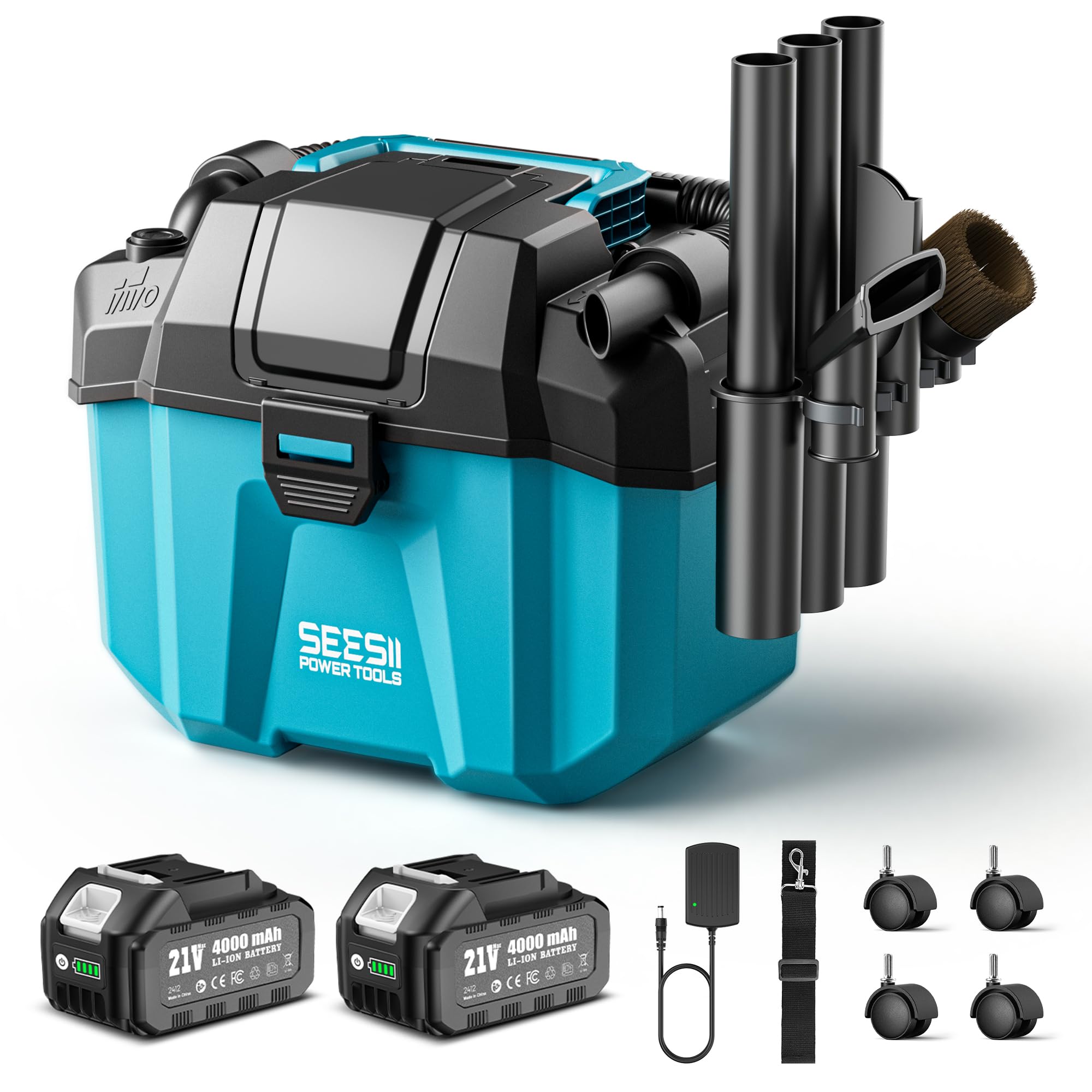 Seesii Akku Nass und Trockensauger, 3-in-1 Werkstattsauger mit GebläSe, 10L 2-Gang Nass- & Trockensauger mit Schultergurt, 4 RäDern und AufsäTzen, Ideal für Werkstatt/Auto/Baustelle (Blue)