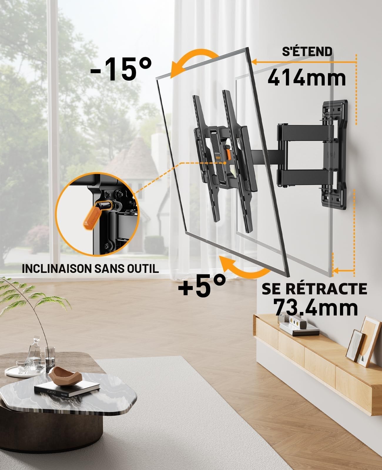 Perlegear Support Mural TV Orientable pour écrans 42-86 Pouces Jusqu'à 60 kg, Bras Television Mural Mouvement pour écrans Plats/Courbés, Inclinaison sans Outil, Max. VESA 600 x 400mm