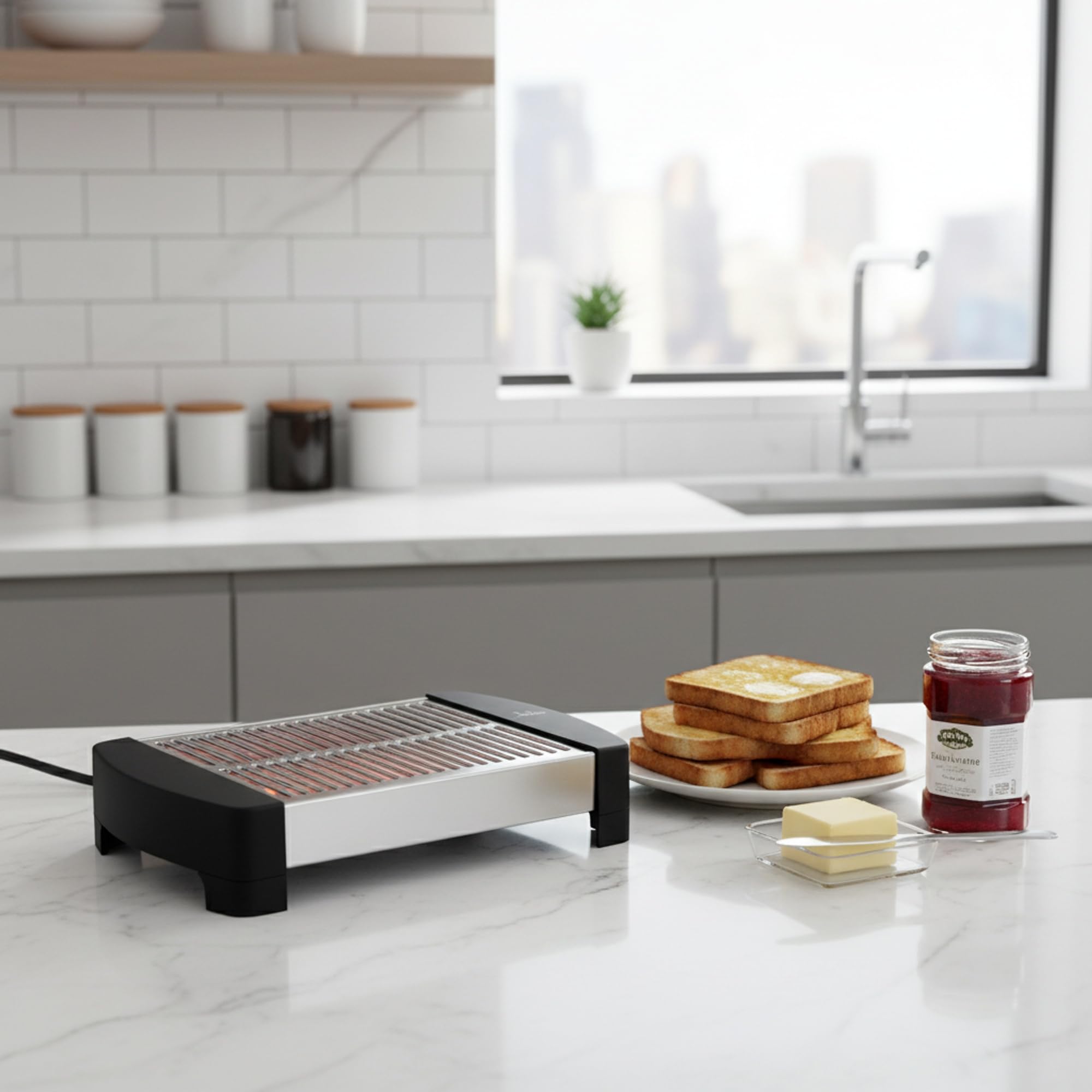 JATA TT589NG - Tostador Horizontal Tradicional, Tostador de Pan Plano Acero Inoxidable, 4 Resistencias de Cuarzo, Gran Superficie para Pan, Bollería y Repostería, 550W