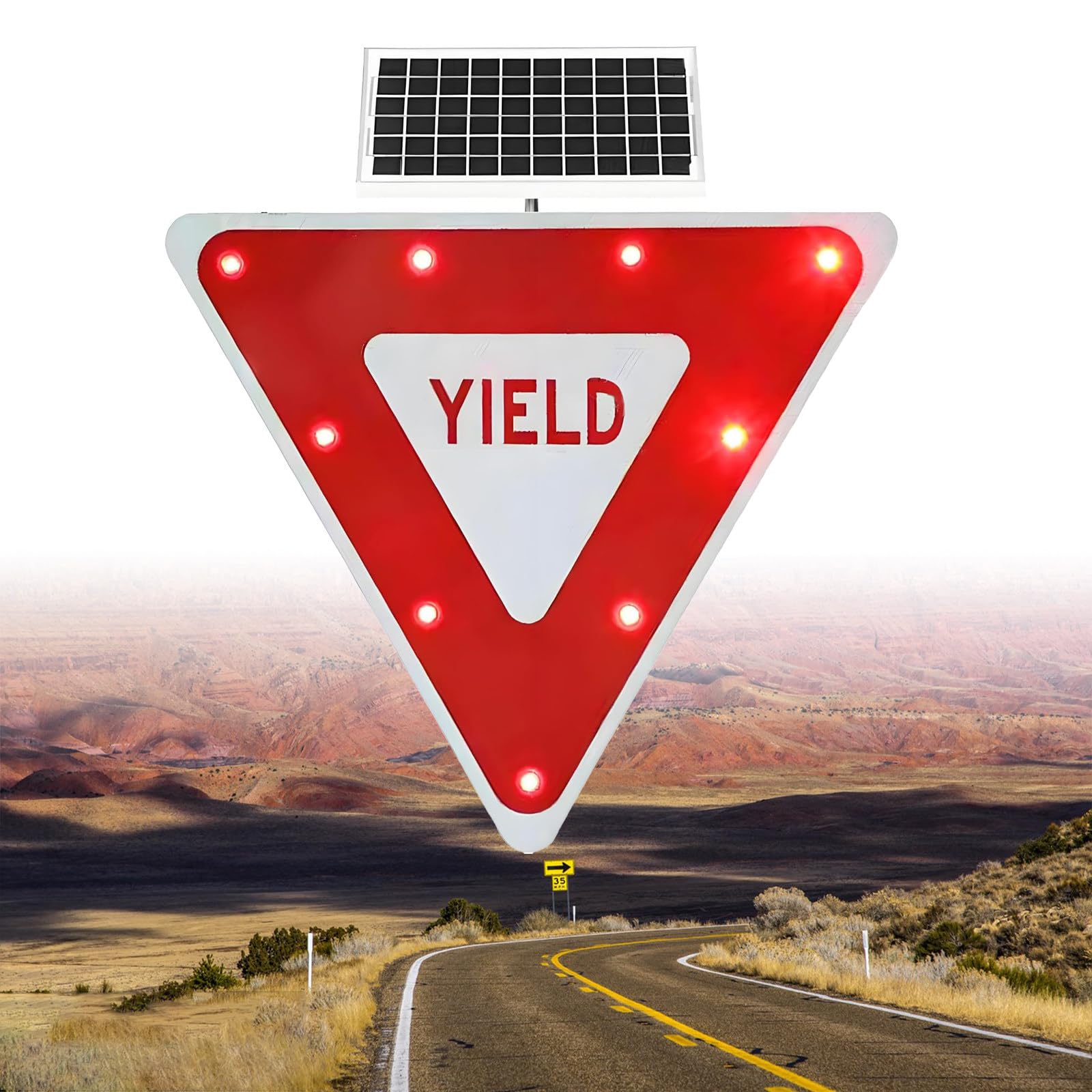 Señales De Ceda El Paso De 24 Pulgadas/28 Pulgadas con Energía Solar, Señales De Tráfico con Iluminación LED. Leyenda Ceda El Paso con LED Intermitentes 2Pc-24''