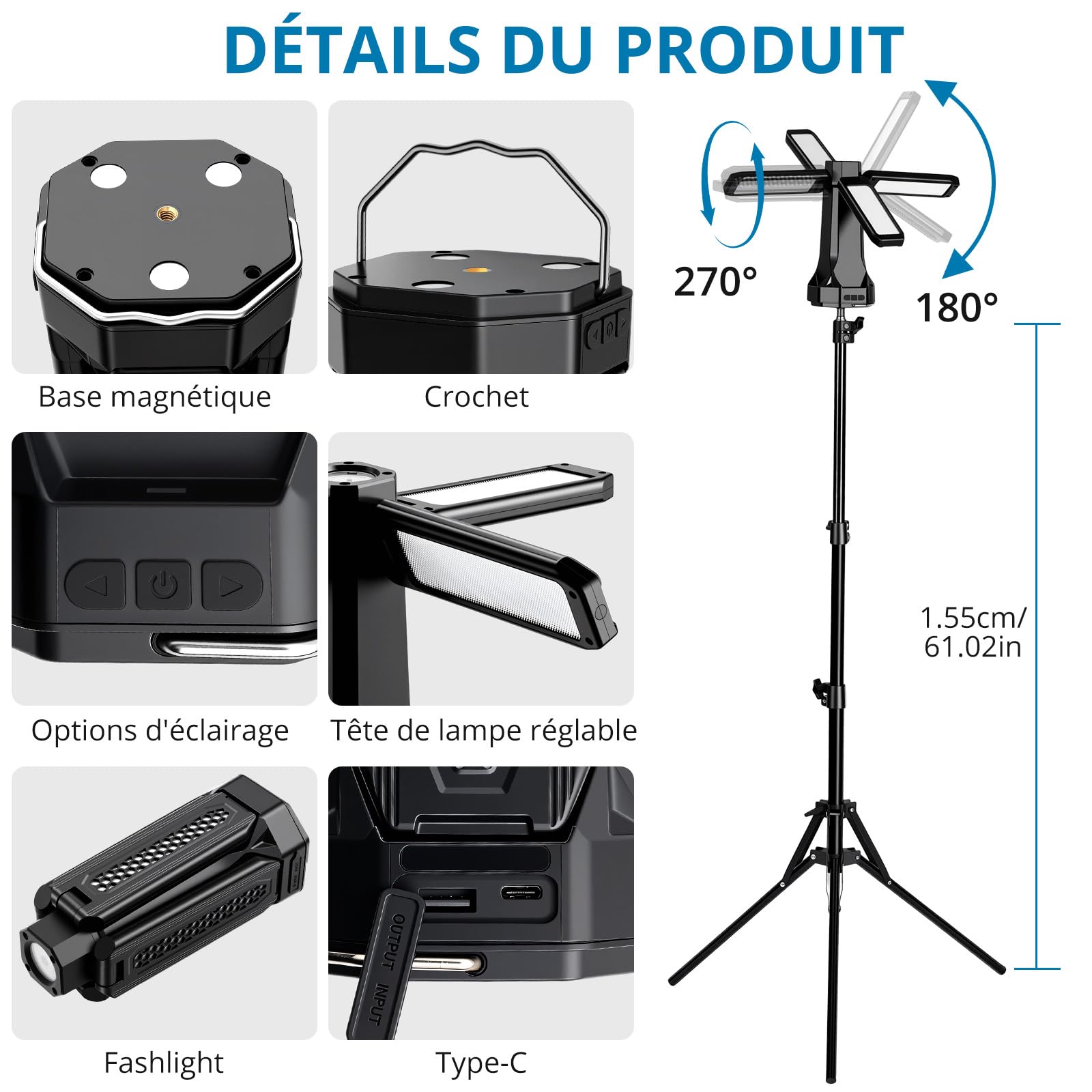 AUTOUTLET Lampe De Camping LED 16000 MAh, 4000 Lumens, Étanche IP66, Trépied Pliable 1,55 M, Lanterne De Camping Rechargeable Avec 5 Modes D'éclairage Pour Les Urgences, Le Garage, La Pêche