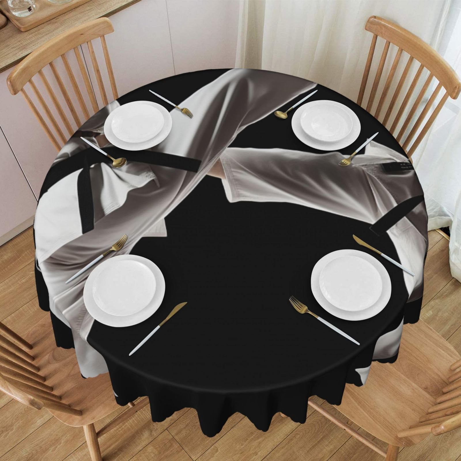 WPKJU Taekwondo Martial Arts Printed Round Tablecloth 60 Inch with Lace Trim, Water-Resistant Washable Table Cover for Farmhouse Weddings, Outdoor Picnics & Holiday Dining