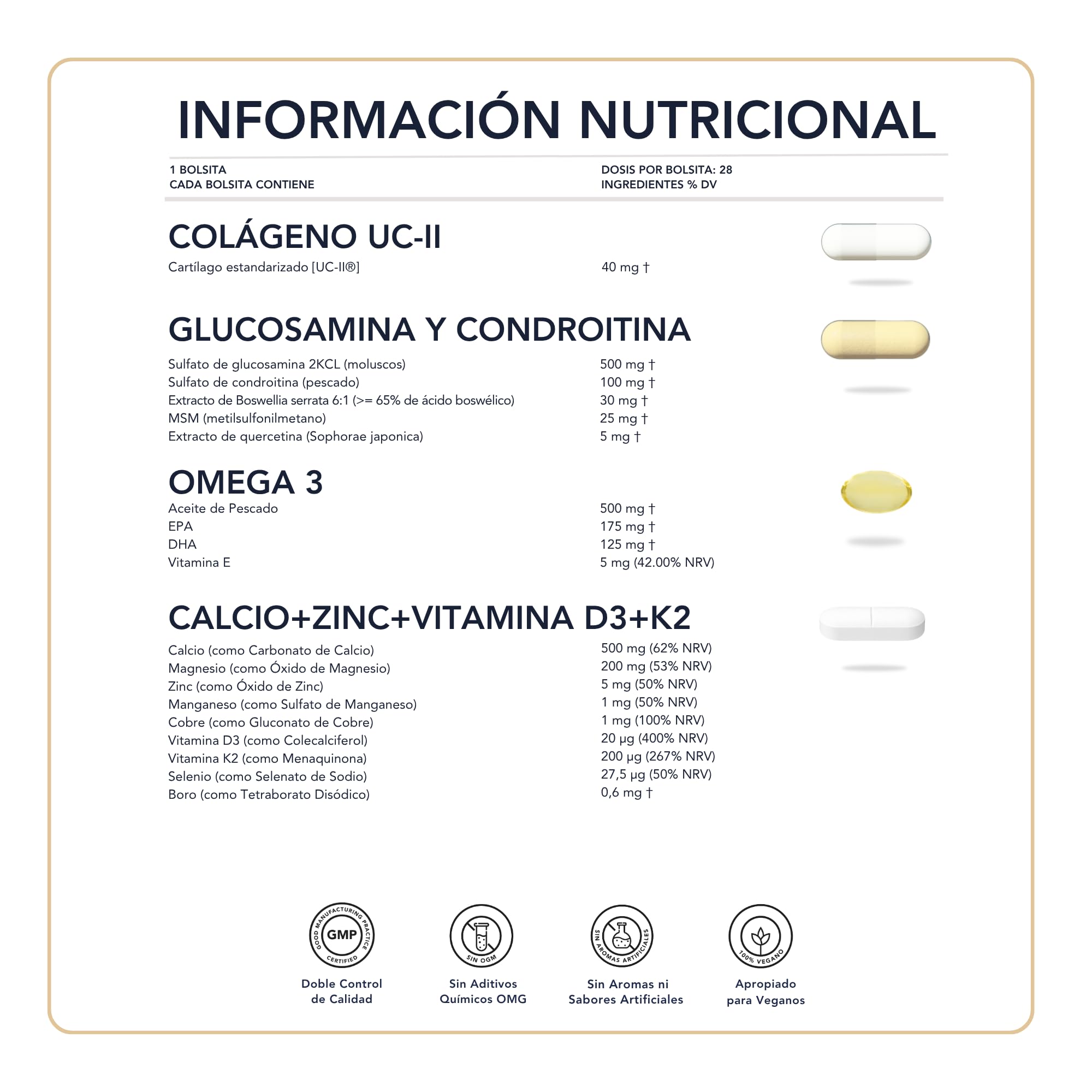 Colágeno UC-II, Omega 3 TG, Glucosamina y Condroitina, Calcio, Magnesio, Cobre, Zinc y Vitamina D3K