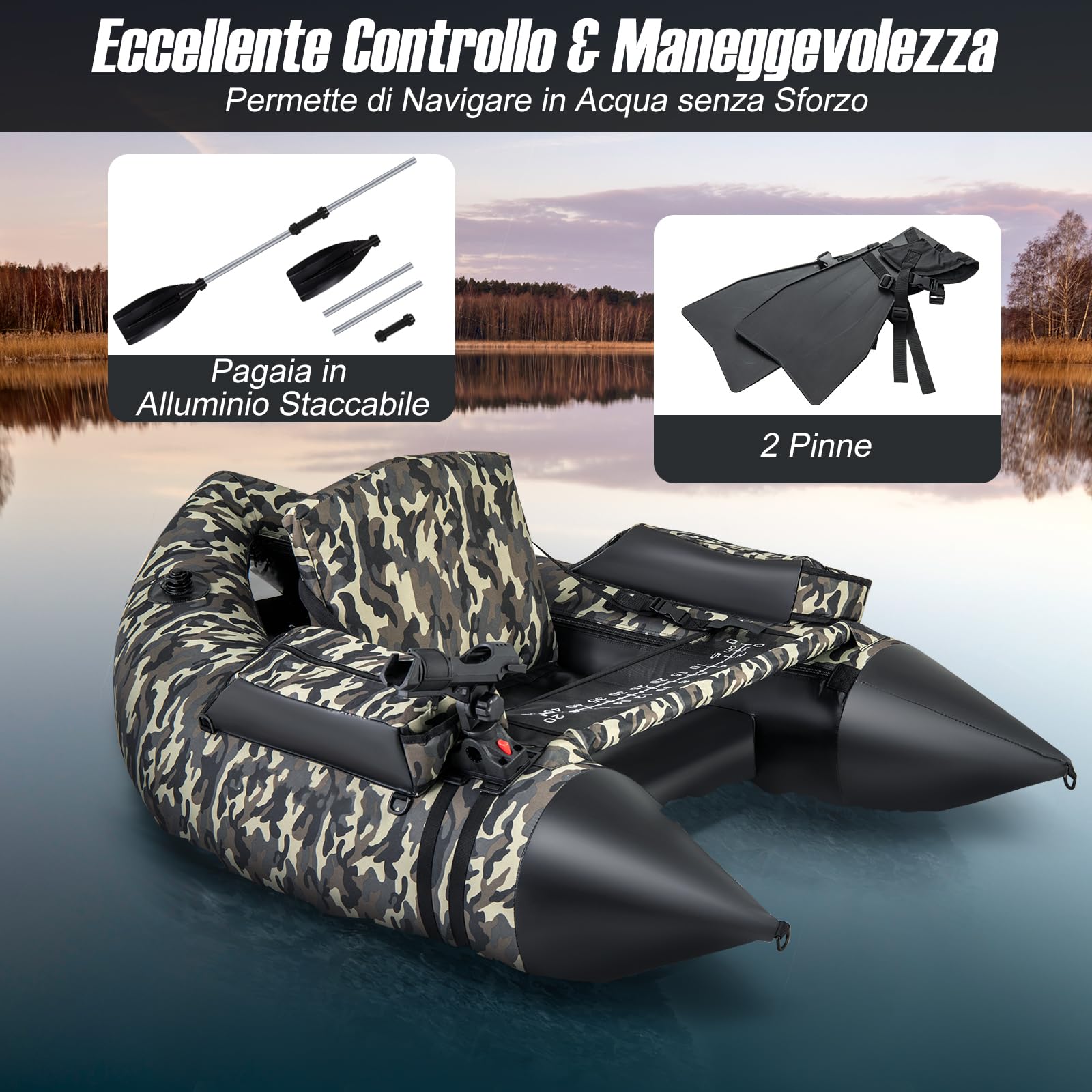 GYMAX Gommone da Pesca Gonfiabile, Barca da Pesca Portatile con Tracolle Regolabili, Pompa Manuale, Pagaia, Pinne, Porta Canne da Pesca, Righello per Pesci, Stoccaggio
